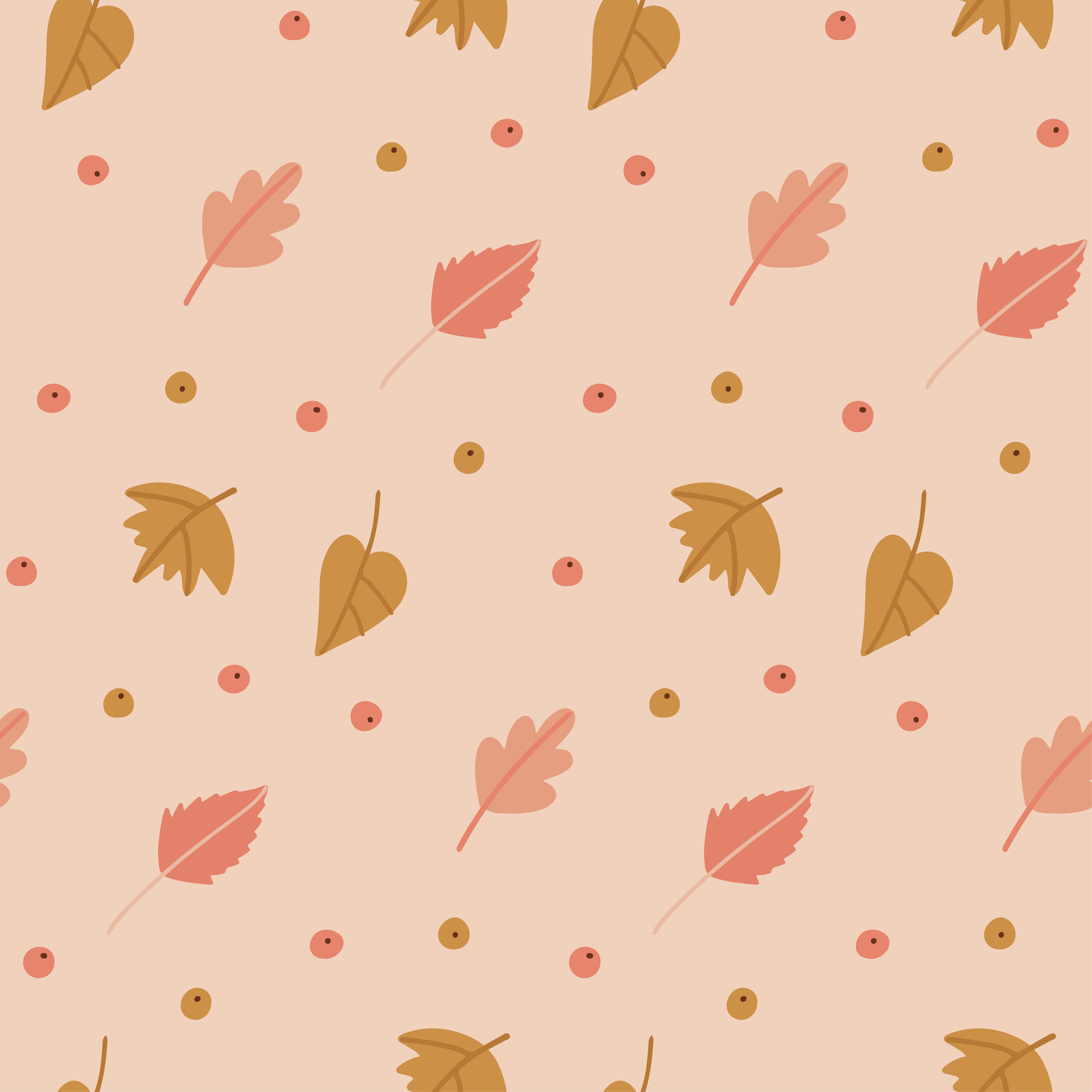 Autumn leaves cute seamless pattern. Pastel Colorful fallen leaves and small berries. Autumnal wallpaper or textile design. Flat flat illustration