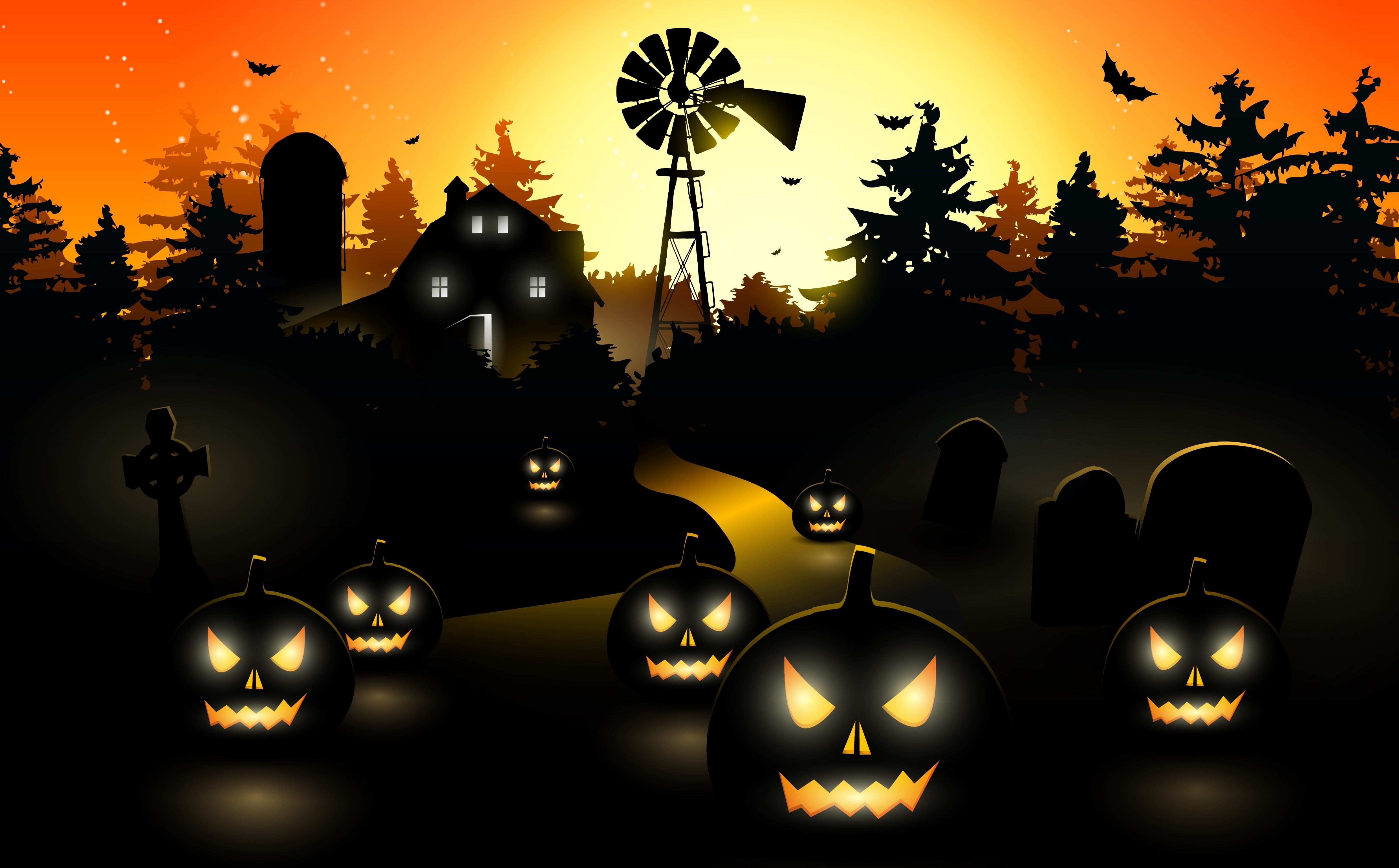 4K, Vector Graphics, Pumpkin, Holidays, Halloween, Night, Village Gallery HD Wallpaper