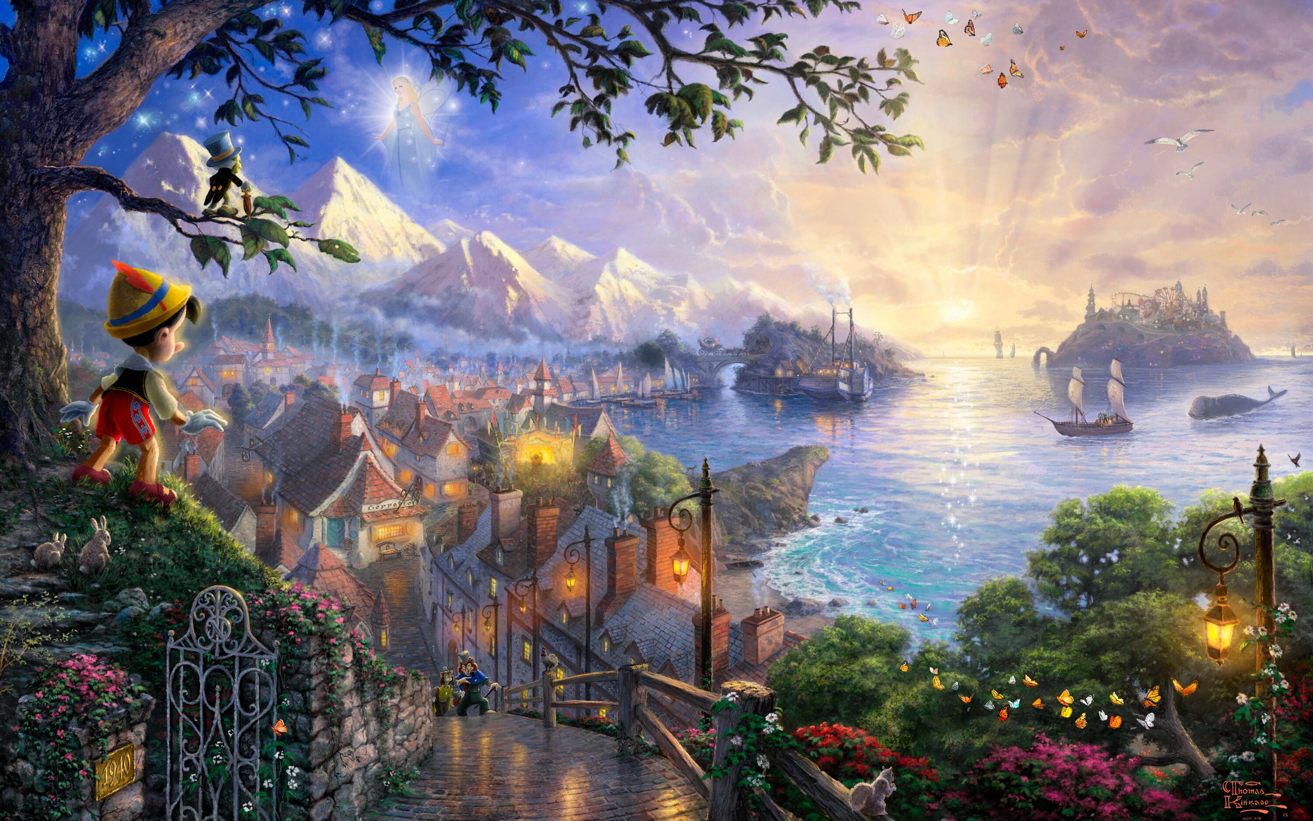 sunset, Landscapes, Disney, Company, Movies, Ships, Fantasy, Art, Pinocchio, Villages, Thomas, Kinkade, Fairy, Tales Wallpaper HD / Desktop and Mobile Background