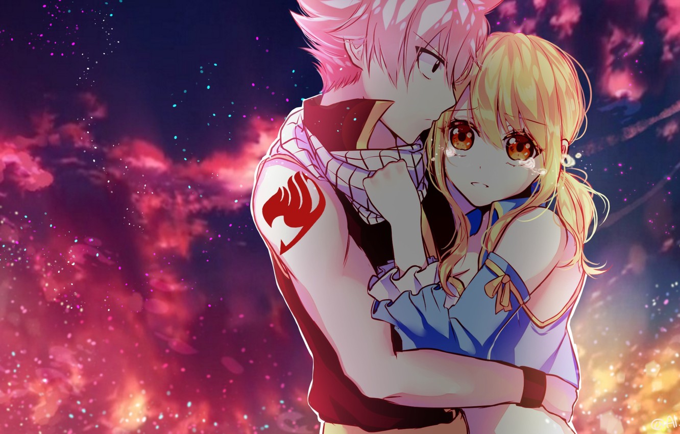 Wallpaper the sky, girl, clouds, anime, tears, art, pair, guy, two, fairy tail, tale of fairy tail, lucy heartfilia, natsu dragneel, lium image for desktop, section сёнэн