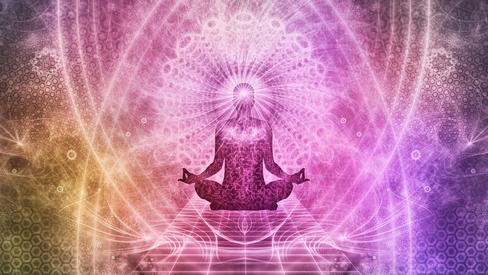 Download wallpaper 1920x1080 meditation, chakra, aura, lotus, yoga, energy, buddhism, mandala, art full hd, hdtv, fhd, 1080p HD background