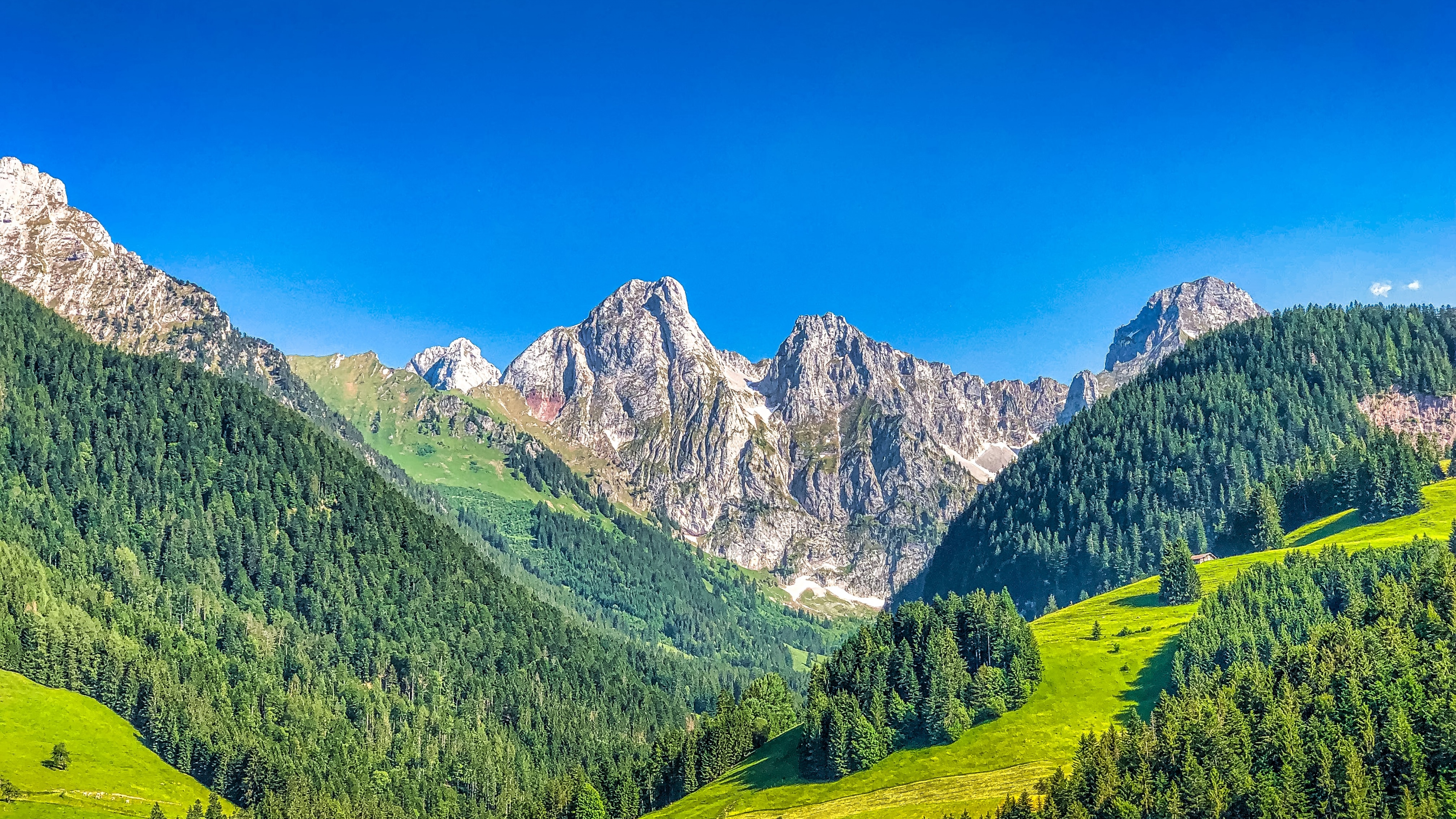 Alps mountains Wallpaper 4K, Mountain range, Summer, Sunny day, Forest, Nature