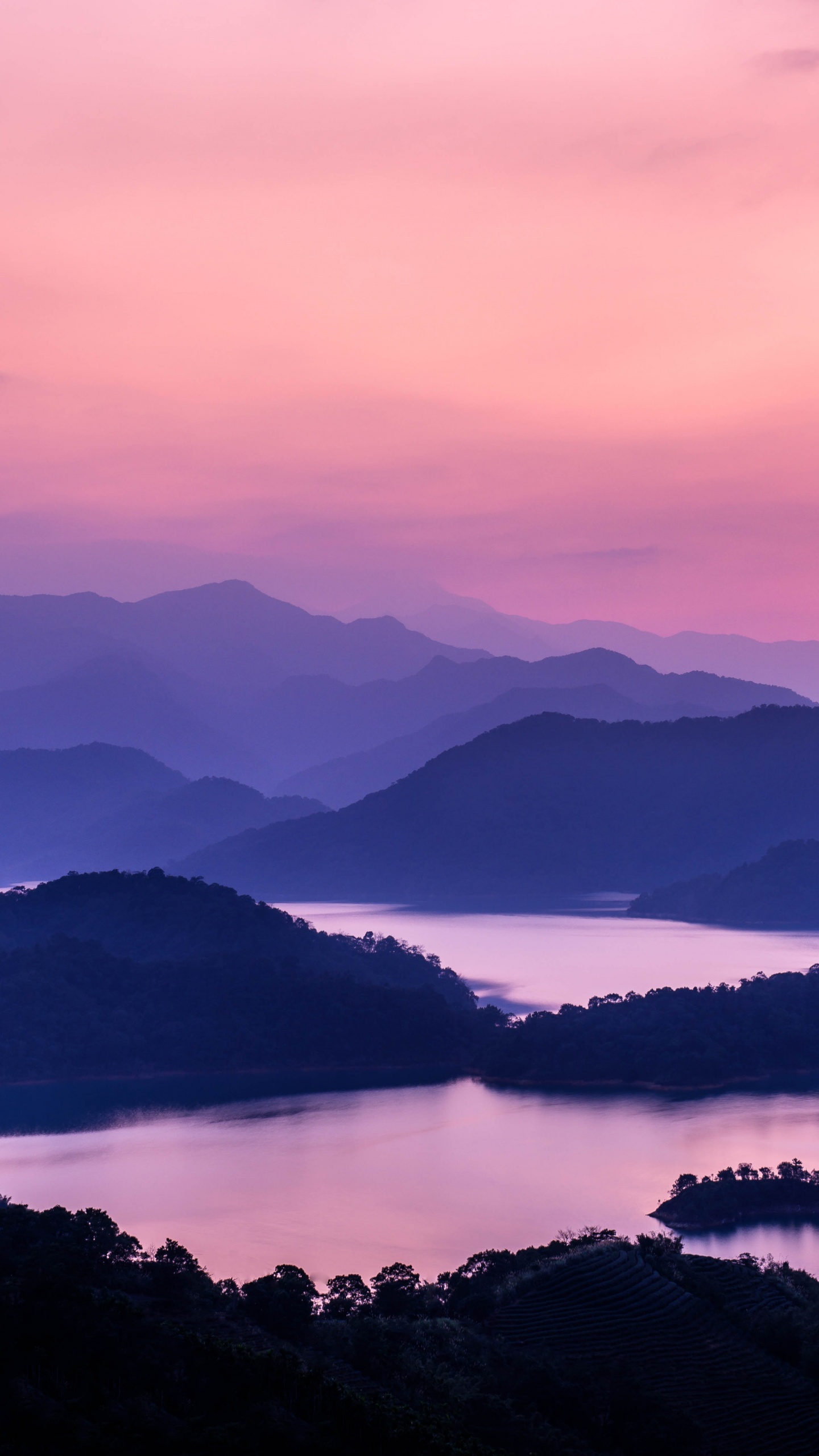 Mountain range Wallpaper 4K, Pink sky, Sunset, Dusk, Lakes, Landscape, 5K, 8K, Nature