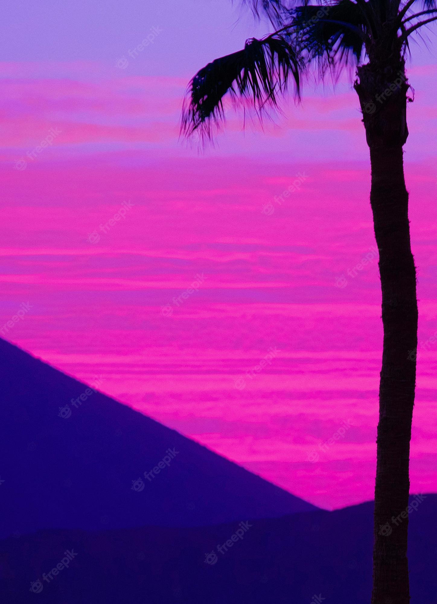 Premium Photo. Purple minimalistic sunrise. shadow palm trees and unicorn pink sky. relax wallpaper