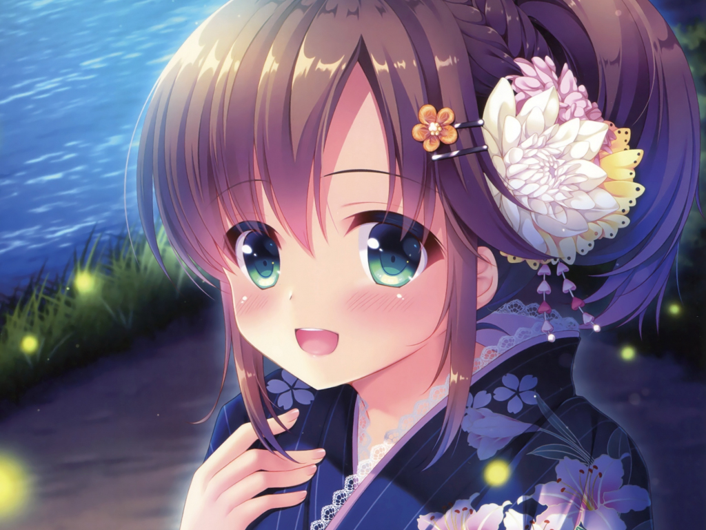 Green eyes, anime girl, night, outdoor wallpaper, HD image, picture, background, 828783