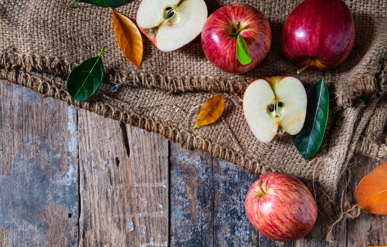 Wallpaper autumn, leaves, apples, wood, autumn, leaves, fruits, autumn, apples image for desktop, section еда