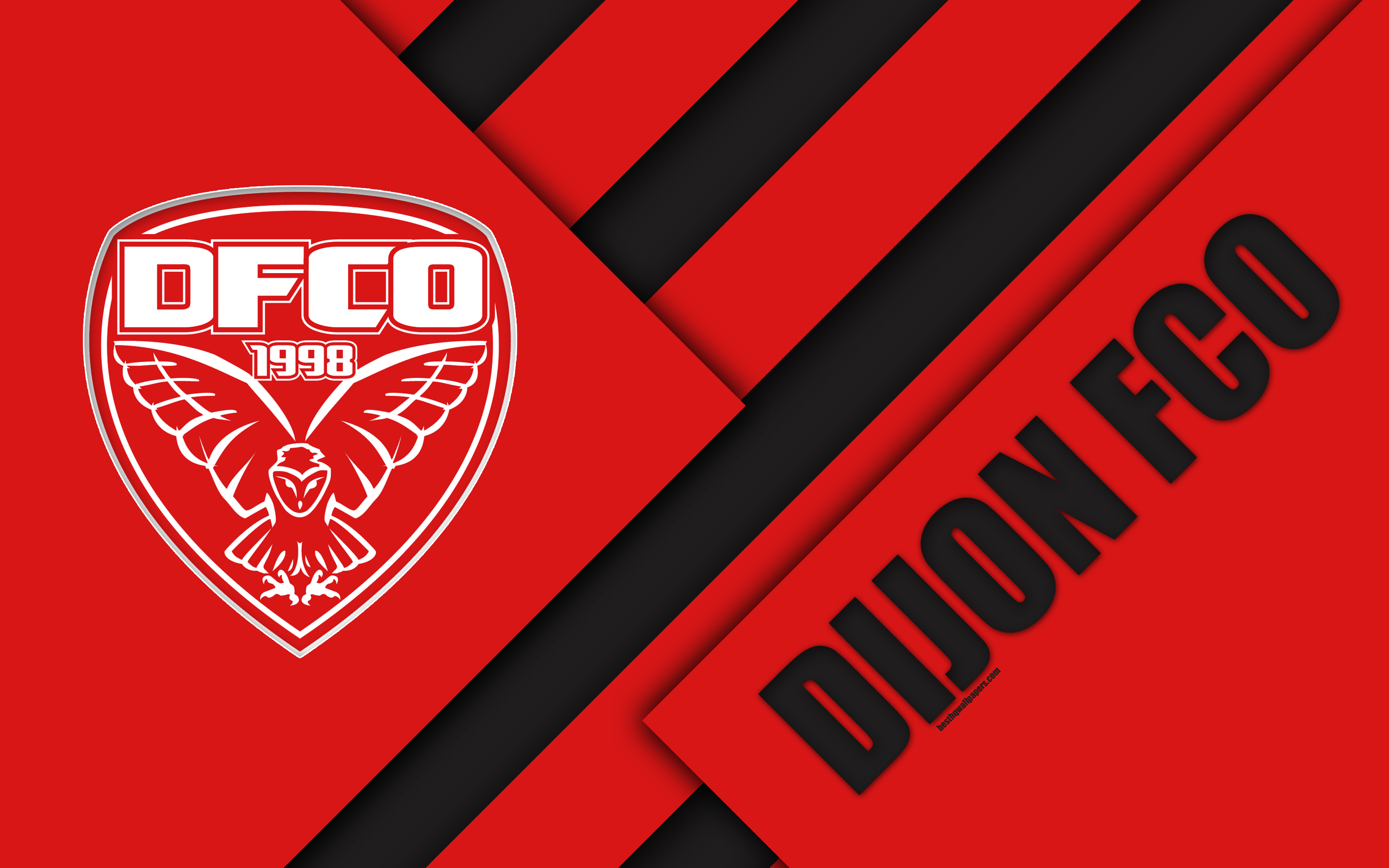Download wallpaper Dijon FCO, 4k, material design, logo, red white abstraction, French football club, Ligue 1, Dijon, France, football for desktop with resolution 3840x2400. High Quality HD picture wallpaper