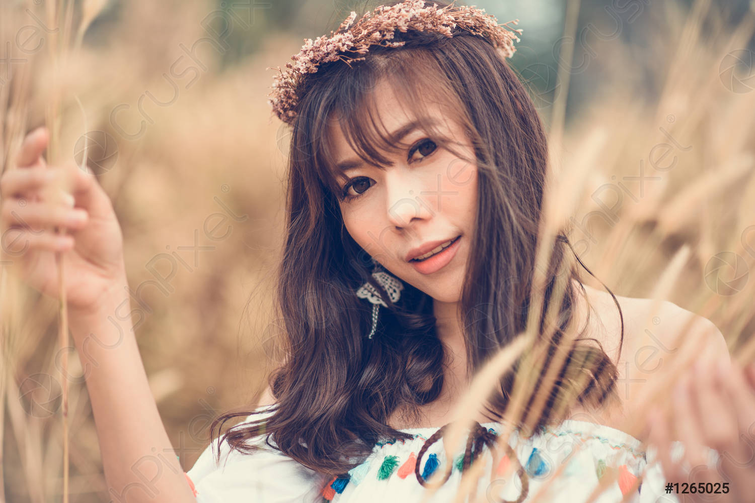 A portrait of a asian beautiful hippie girl in white