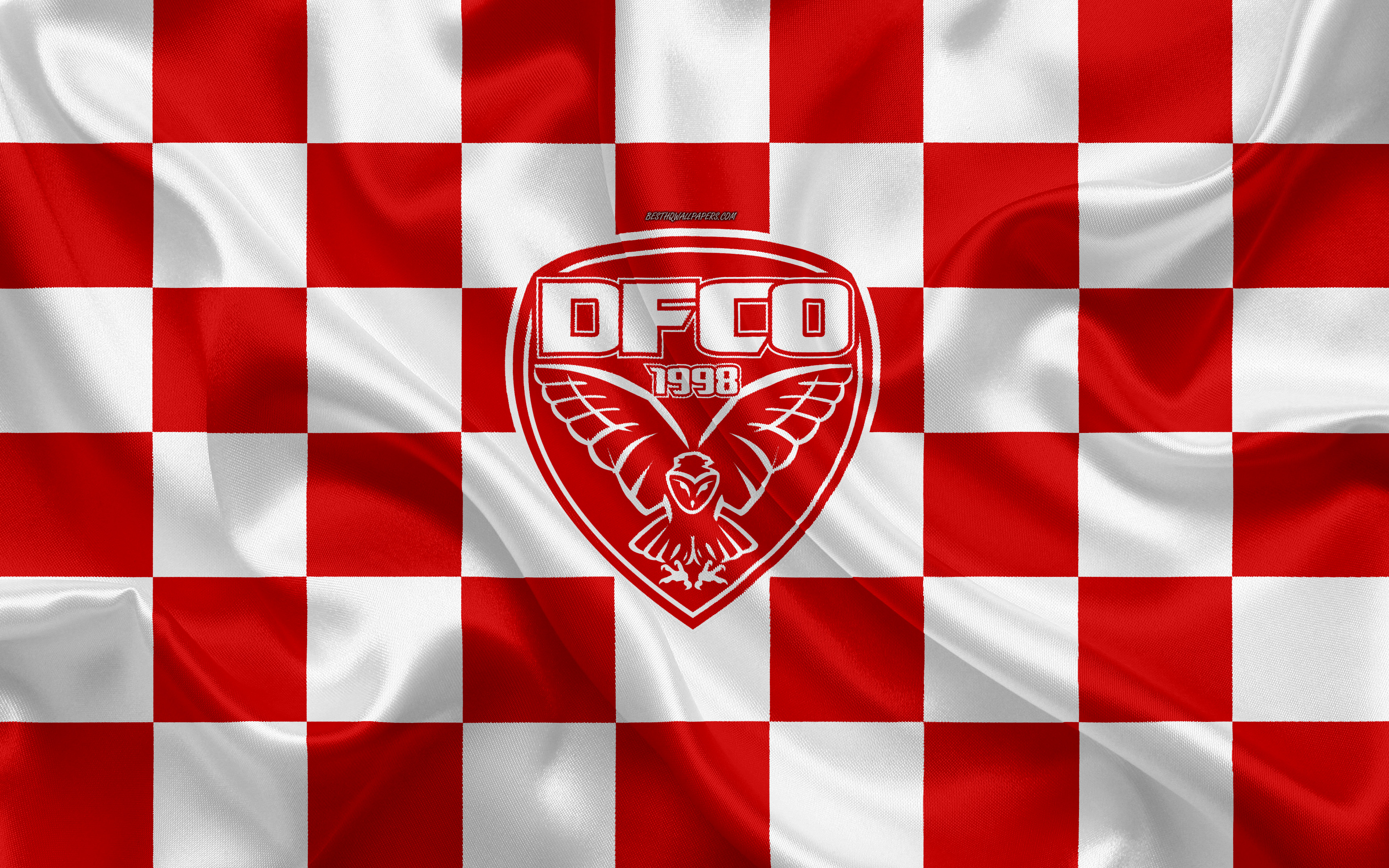 Download wallpaper Dijon FCO, 4k, logo, creative art, white red checkered flag, French football club, Ligue 1, emblem, silk texture, Dijon, France, football, Dijon FC for desktop with resolution 3840x2400. High Quality