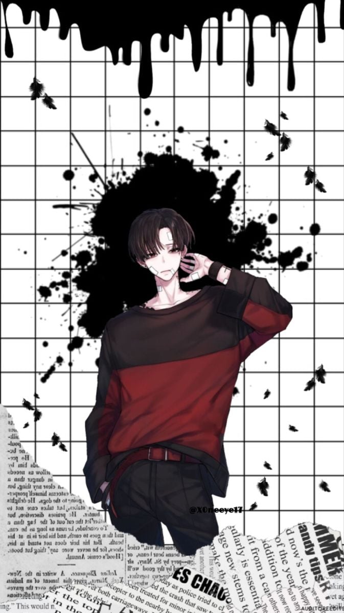 AI Art Generator: Hot manhwa male lead looking, hot anime guy looking,  short shiny black-ish hair parted on the side partially covering eyes,  short black hair, short hair, sharp bright red eyes,
