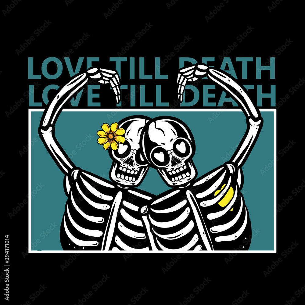 Skeleton Couples In Love With Flowers On Head. Love Till Death T Shirt Design. Skull Love Vector Illustration For Poster Or Wallpaper Stock Vector