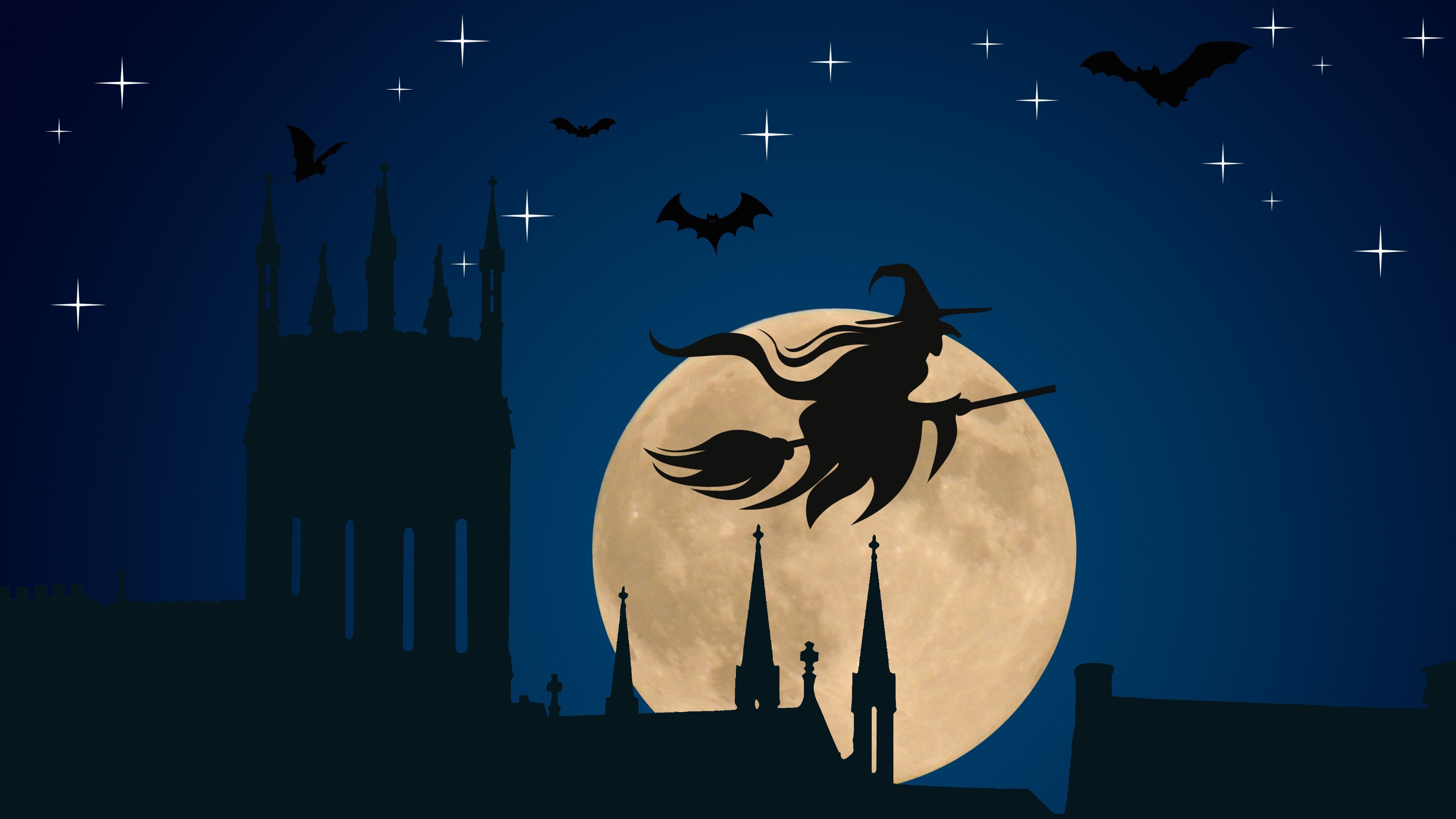 Witch on her Broomstick Flying over the City with a Full Moon
