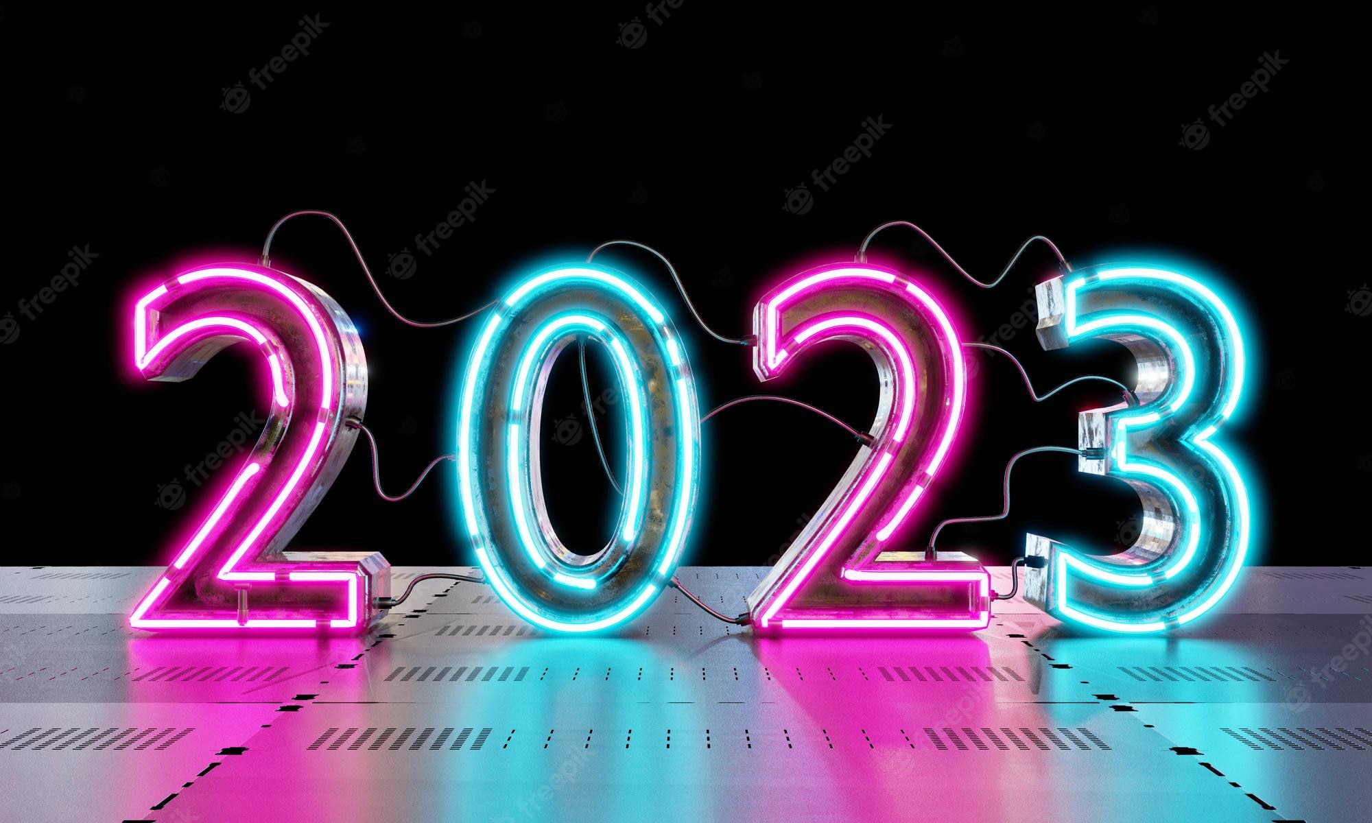 Premium Photo neon lighting on metallic floor background technology and abstract wallpaper concept happy new year theme 3D illustration rendering