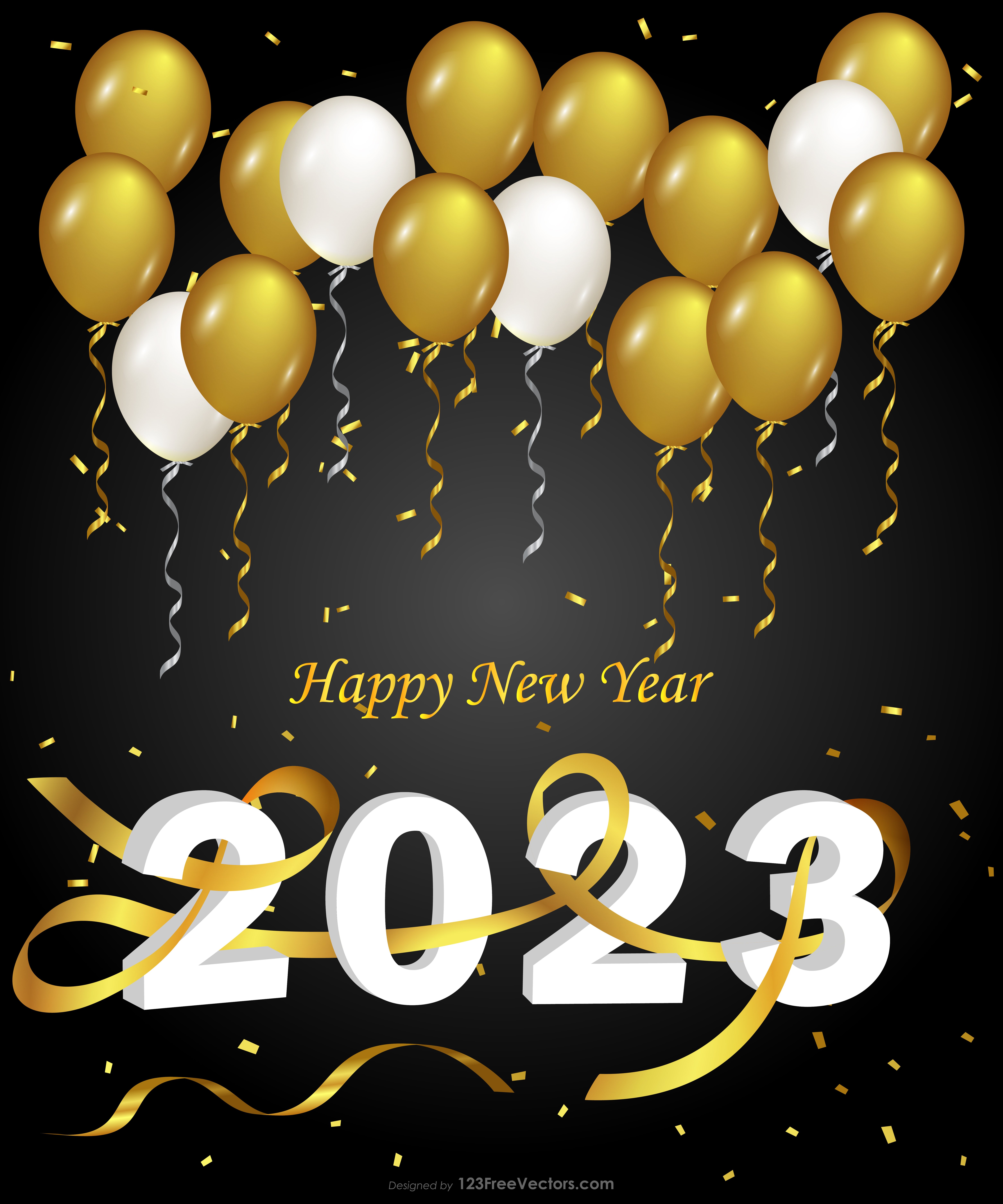 Free Happy New Year 2023 Gold Balloons on Black Background