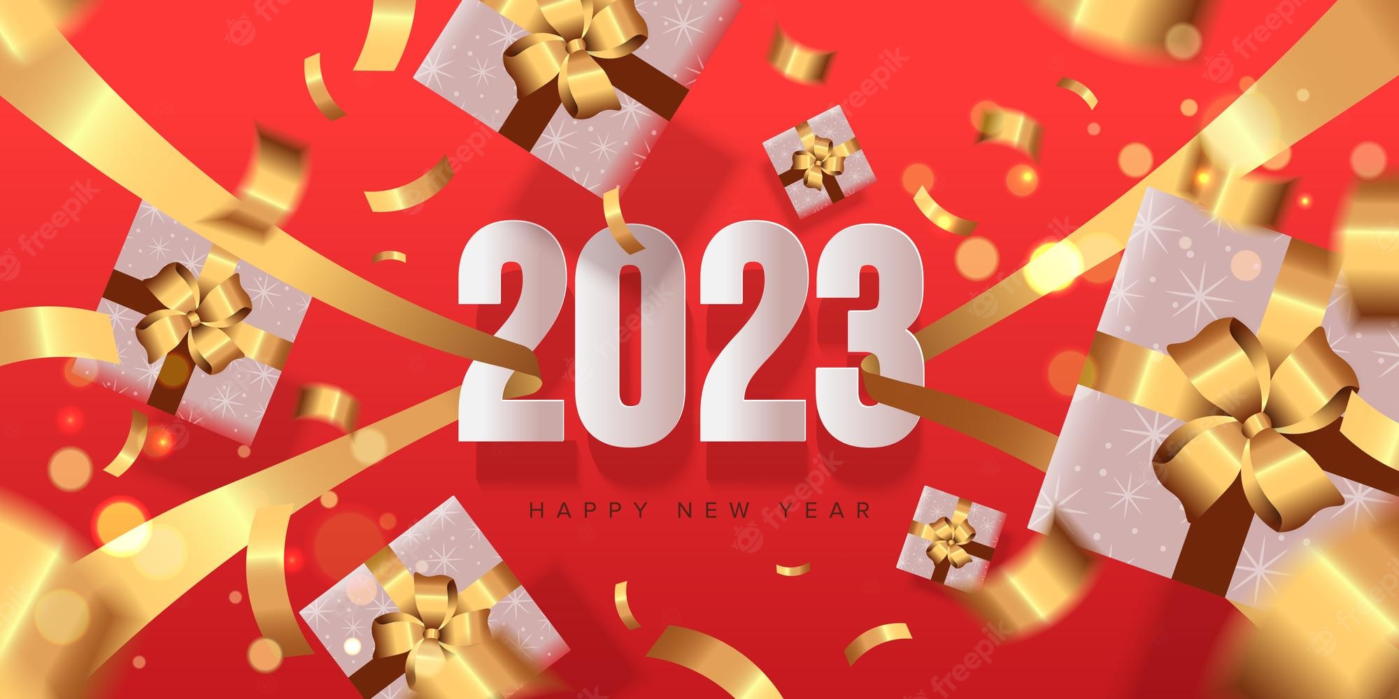 Premium Vector. Happy new year 2023 with number hanging on the ribbon and drop gift box from the top view