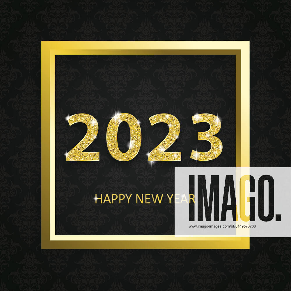 2023 Happy New Year Golden Frame Black Ornaments Wallpaper Golden frame and text Happy New Year 2023 on a