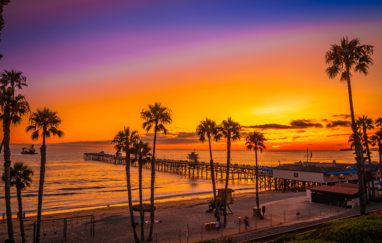 Wallpaper sea, beach, the sky, sunset, palm trees, coast, horizon, CA, pierce, USA, San Clemente Beach image for desktop, section пейзажи