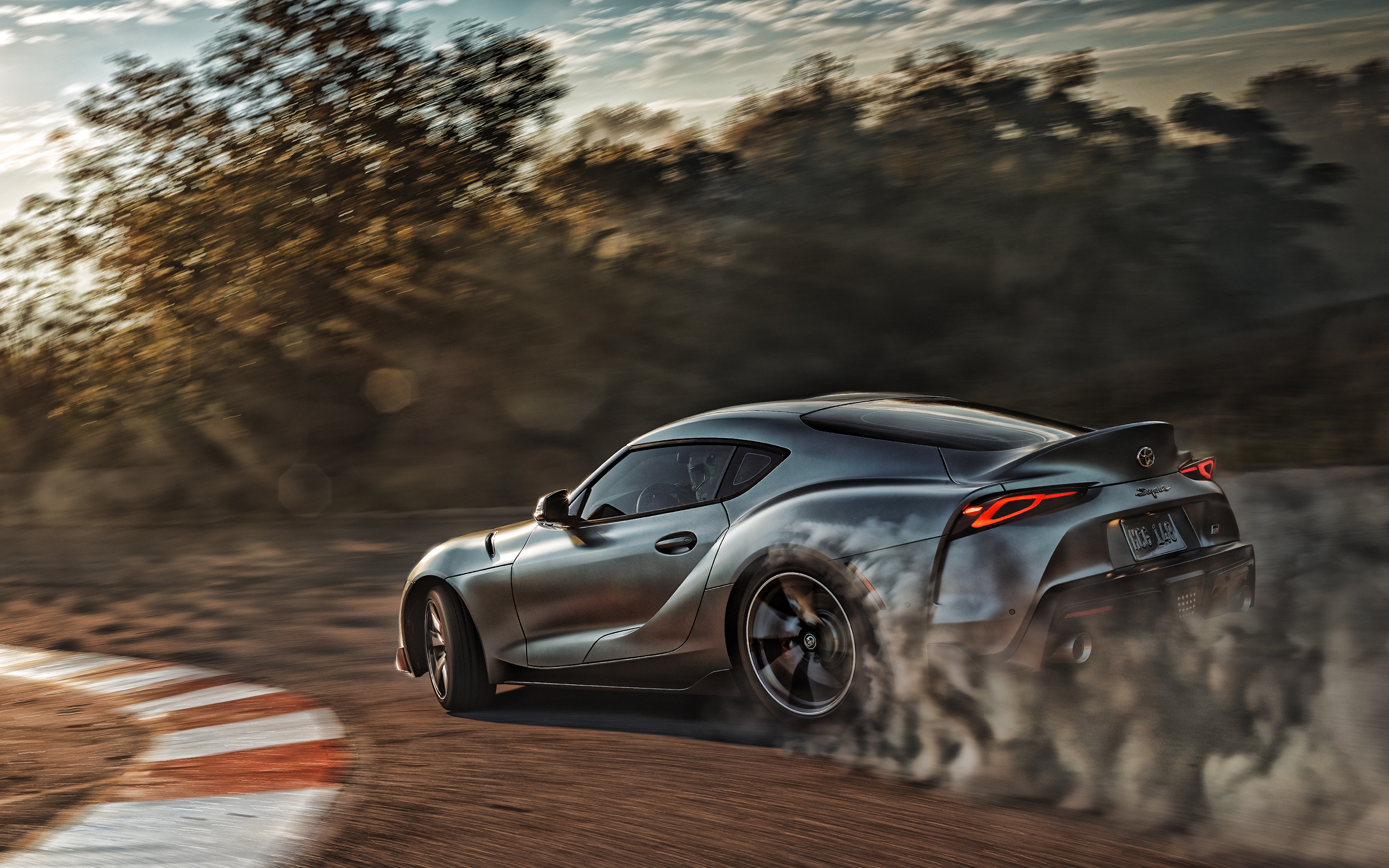 Download wallpaper Toyota Supra, drift, sports coupe, rear view, racing track, new gray Supra, japanese sports cars, Toyota for desktop with resolution 2880x1800. High Quality HD picture wallpaper