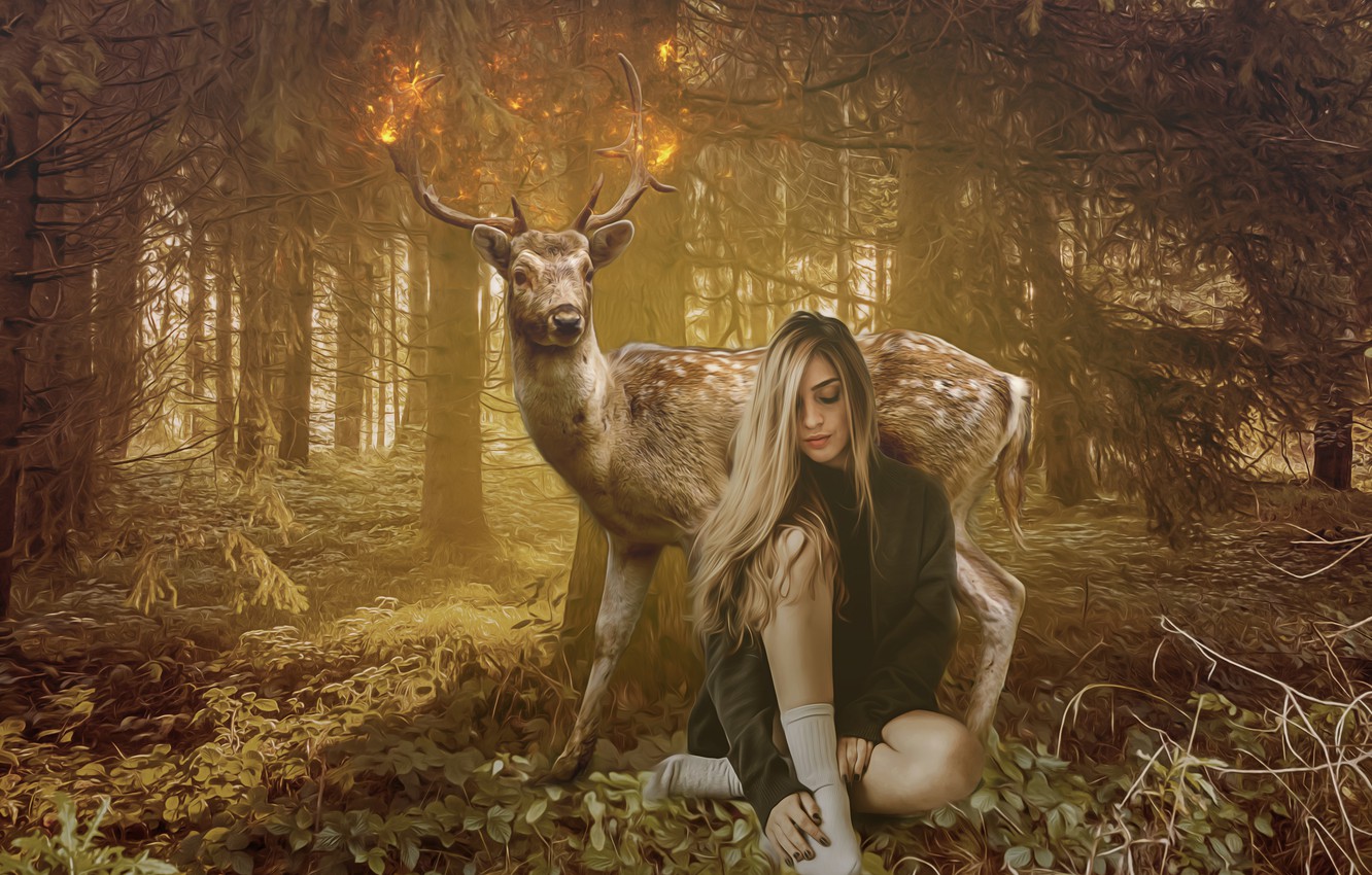 Wallpaper forest, leaves, girl, trees, branches, pose, lights, fantasy, fire, feet, glade, treatment, deer, fantasy, art, sparks image for desktop, section фантастика