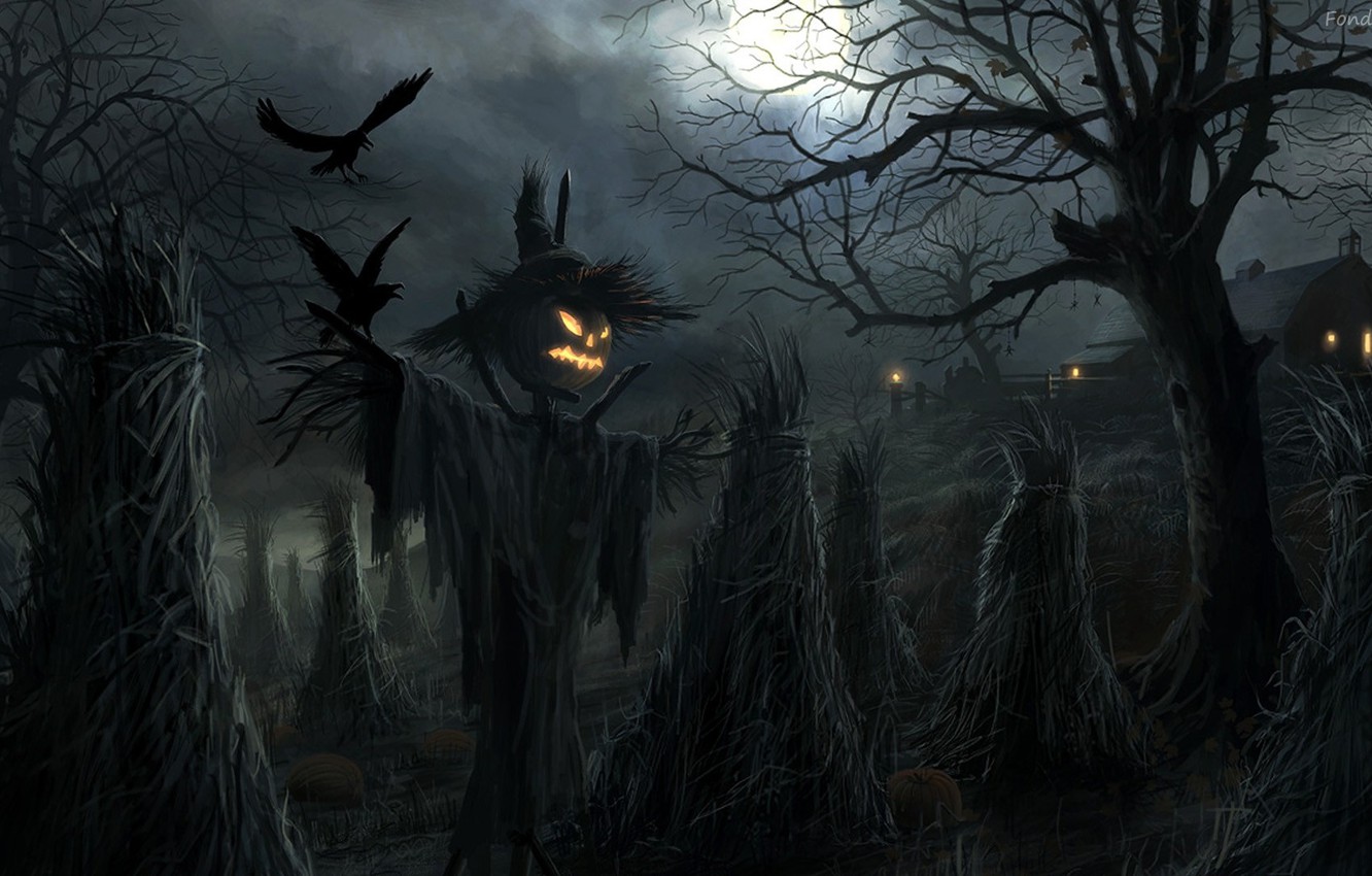 Wallpaper Halloween, moon, house, field, night, holiday, pumpkin, barn, scary, scarecrow, spooky, ravens, sheaves, Jack O' Lantern image for desktop, section праздники