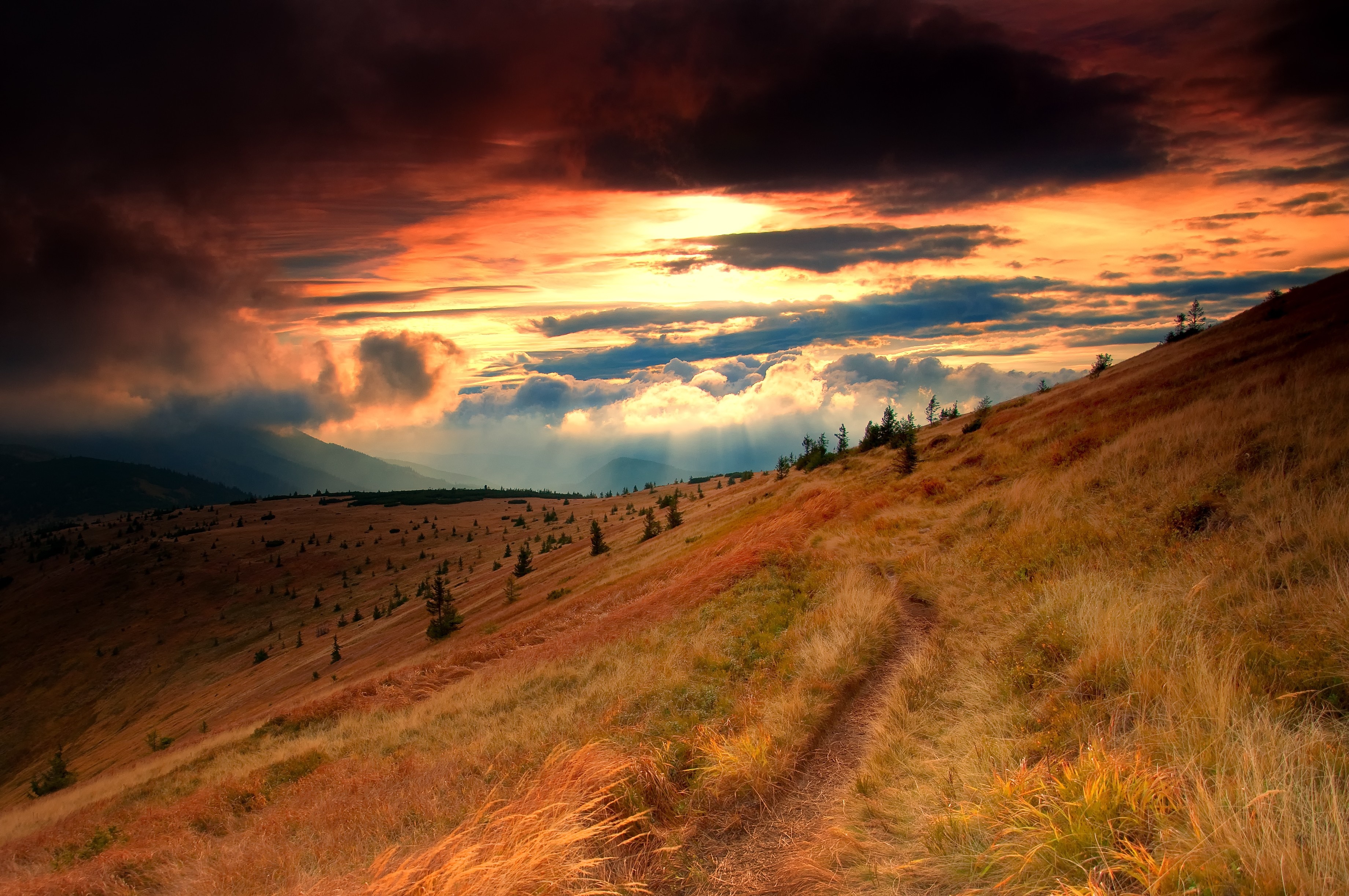mountains, Hills, Autumn, Sunset, Trail, Landscape Wallpaper HD / Desktop and Mobile Background