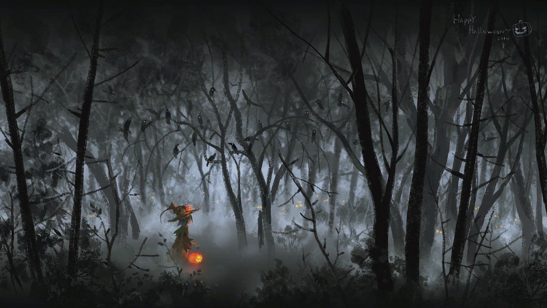 bare trees wallpaper #artwork fantasy art #Halloween #pumpkin #forest Jack O' Lantern P #wallpaper #hdwallpaper #desk. Nghệ thuật ảo ảnh, Fantasia, Dễ thương