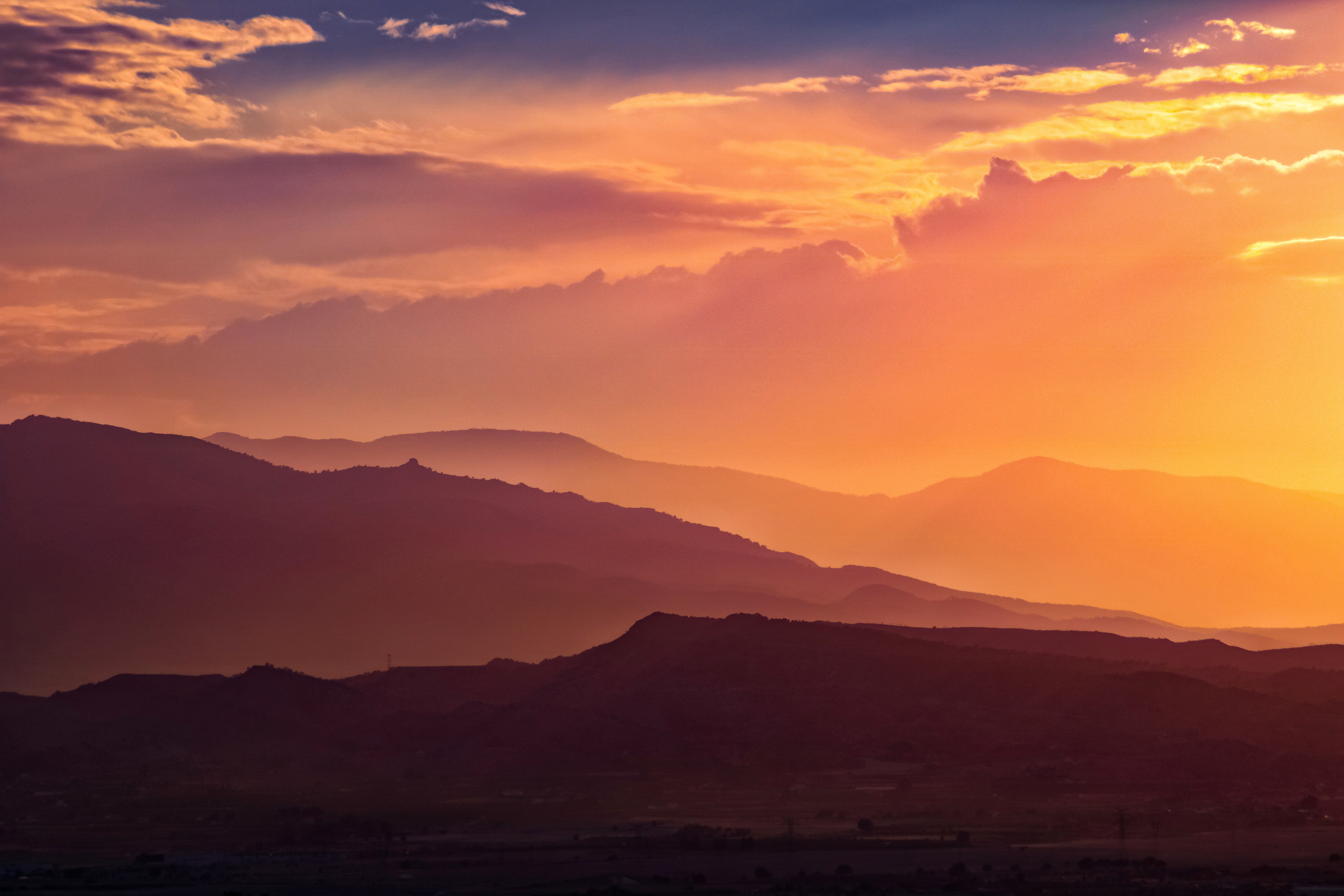Sunset Wallpaper 4K, Mountain range, Silhouette, Landscape, Nature