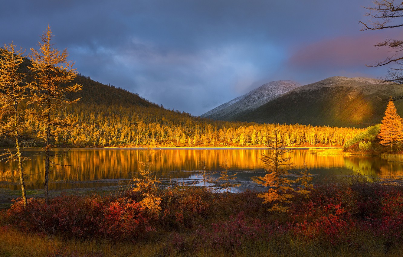 Wallpaper autumn, sunset, mountains, nature, lake image for desktop, section пейзажи