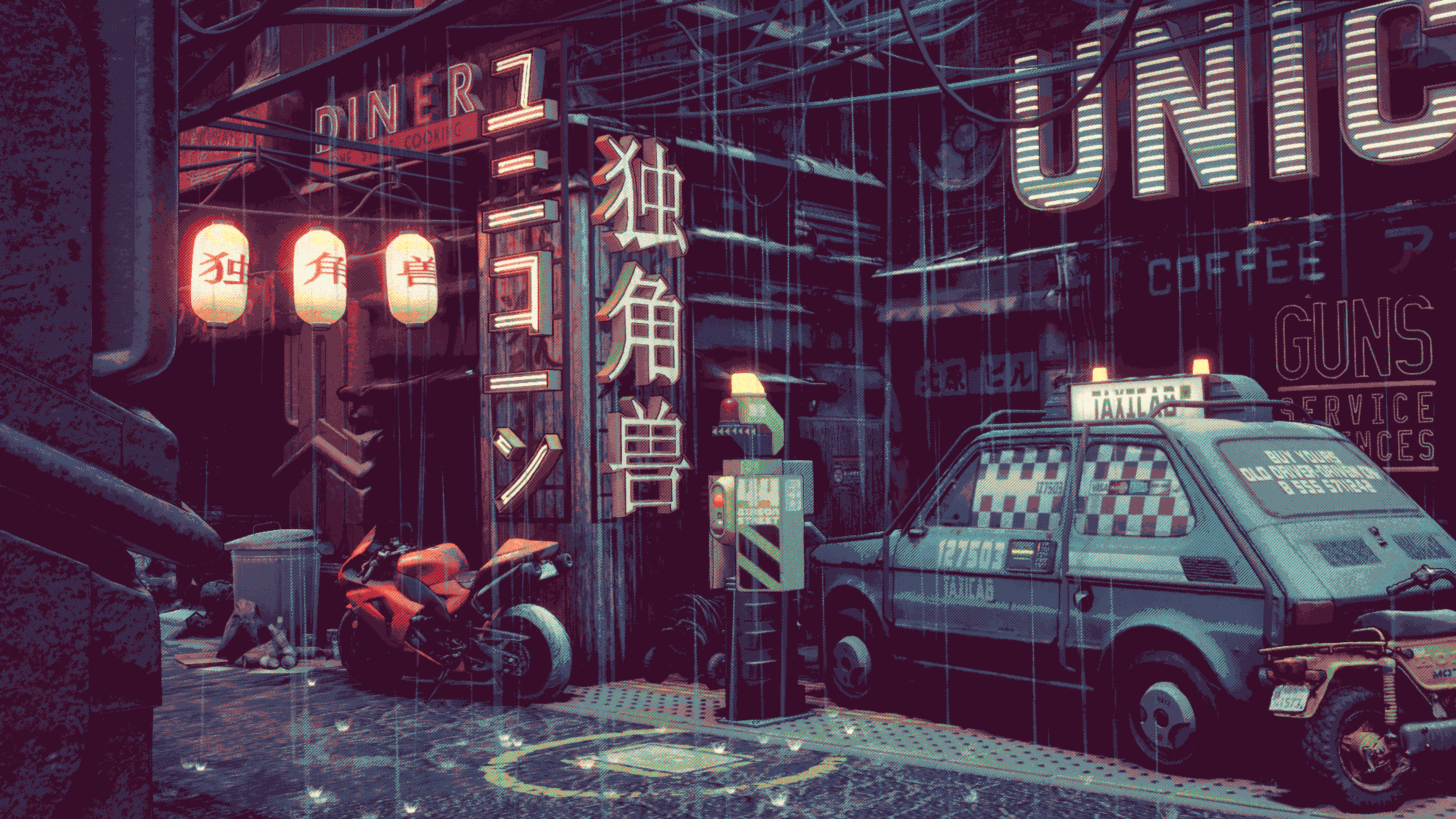 Artwork Digital Art Cyberpunk Blade Runner FiAT 126 Car Rain Motorcycle Japanese Street Wire Wallpaper:3840x2160