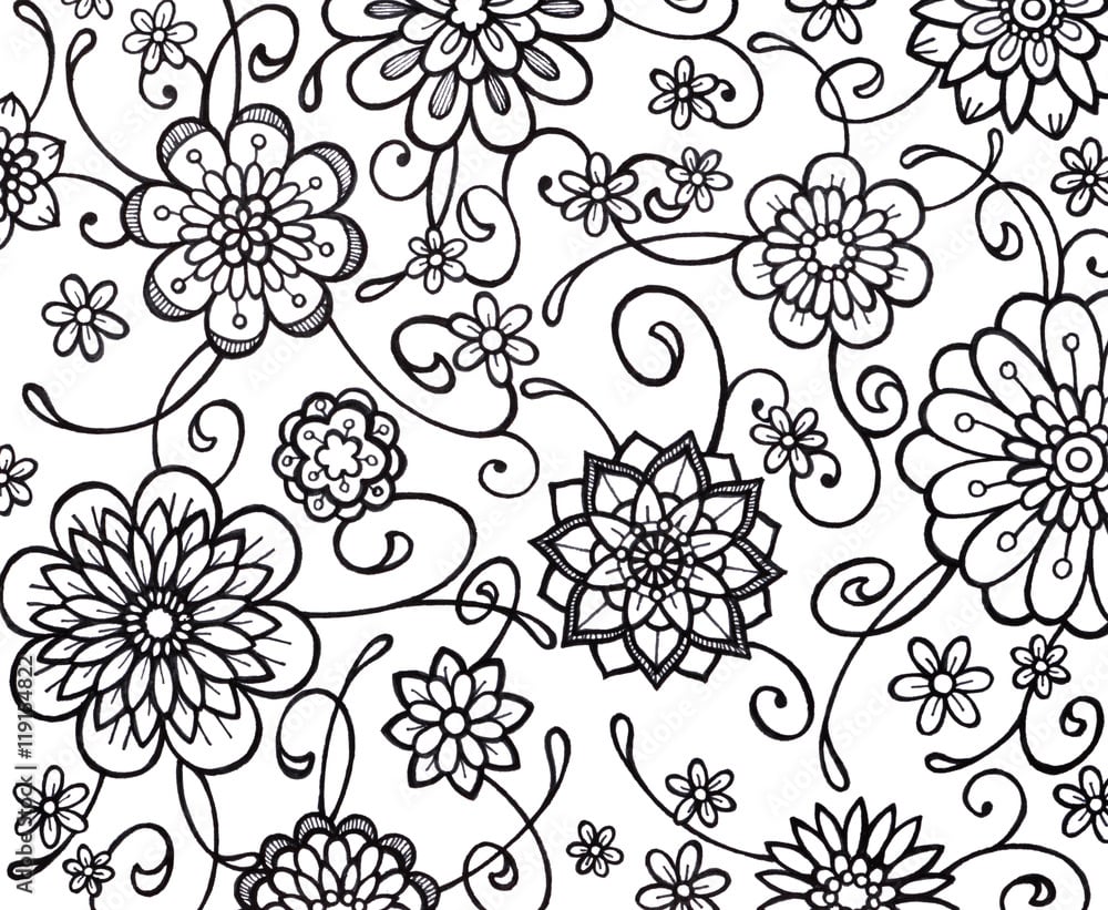 black and white flower marker art with fancy curls curves and swirls. floral wallpaper pattern with abstract hand drawn flowers in random doodle. Stock Illustration