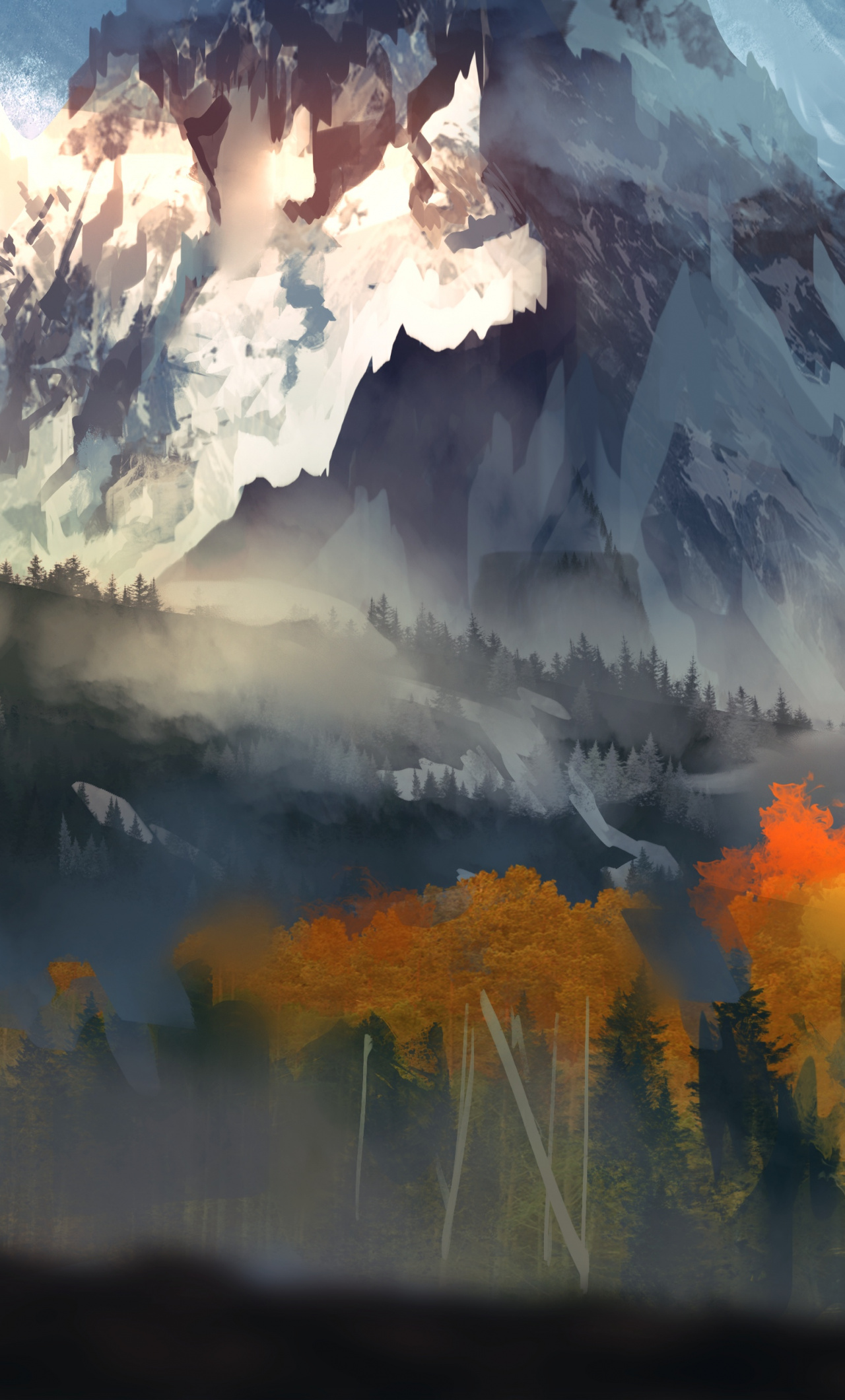 Download Autumn, trees, mountains, forest, fantasy wallpaper, 1280x2120, iPhone 6 Plus