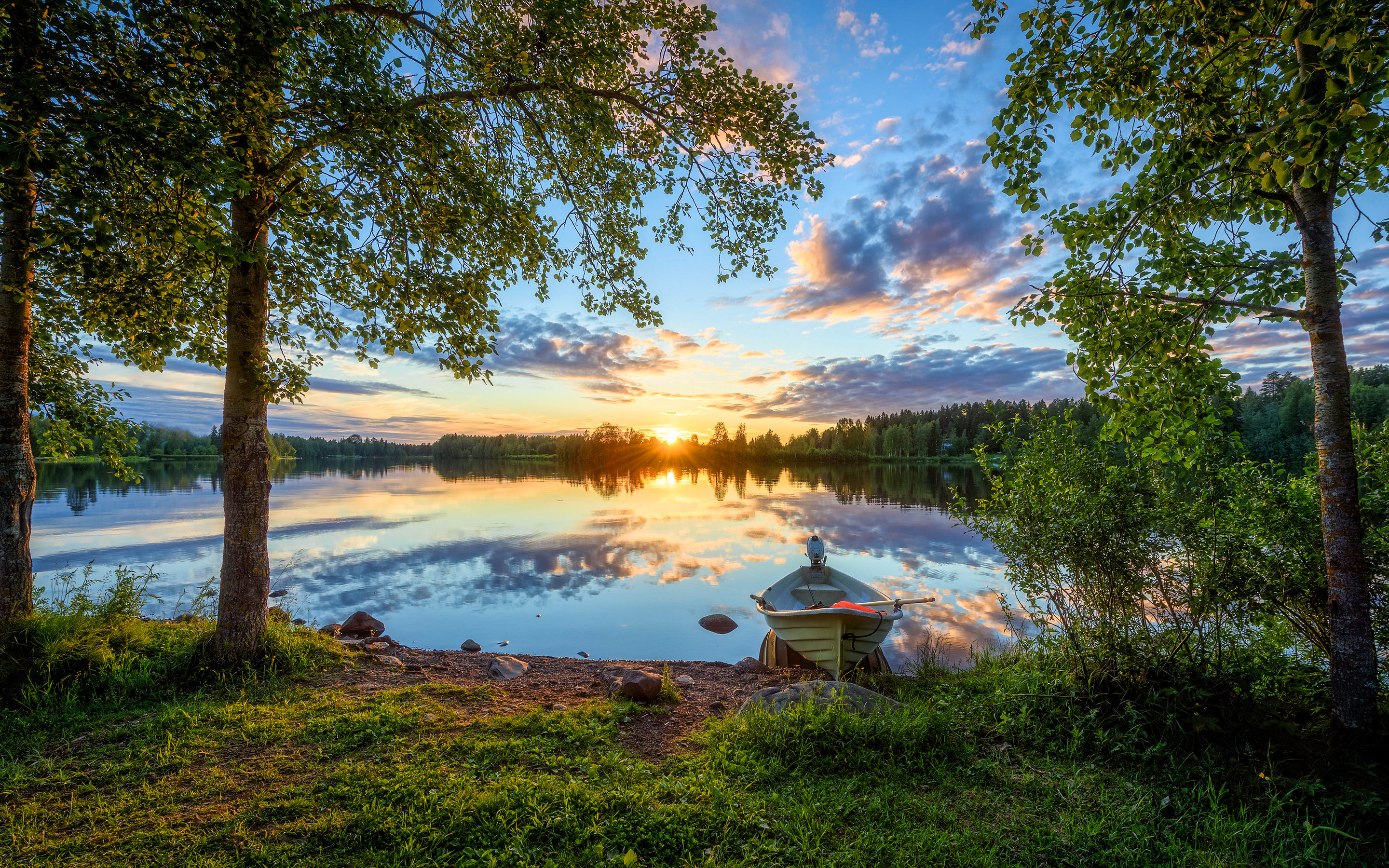 Download wallpaper Finland, sunset, lake, forest, summer, beautiful nature, Europe for desktop with resolution 2880x1800. High Quality HD picture wallpaper