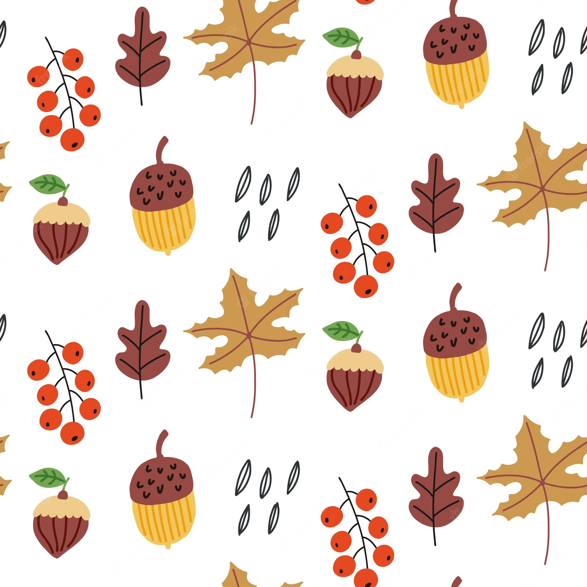 Premium Vector. Seamless children pattern naive autumn leaves nuts. fall digital paper, wallpaper for nursery room, baby textile fabric. baby shower hand drawn doodle vector design