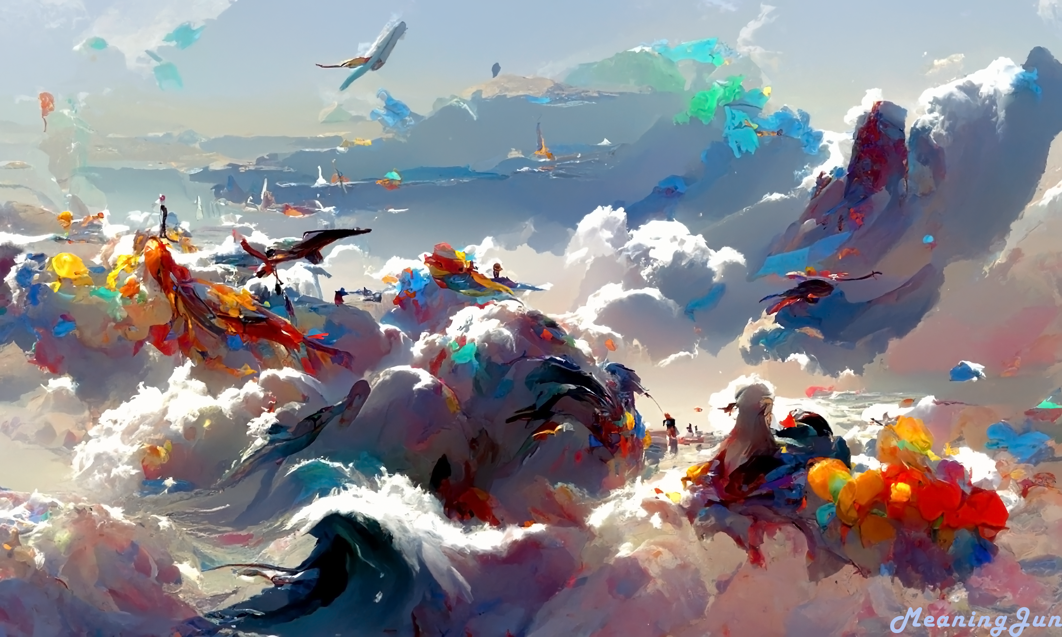 MeaningJun Ai Digital Art Ocean View Seagulls Colorful Wallpaper:3600x2160