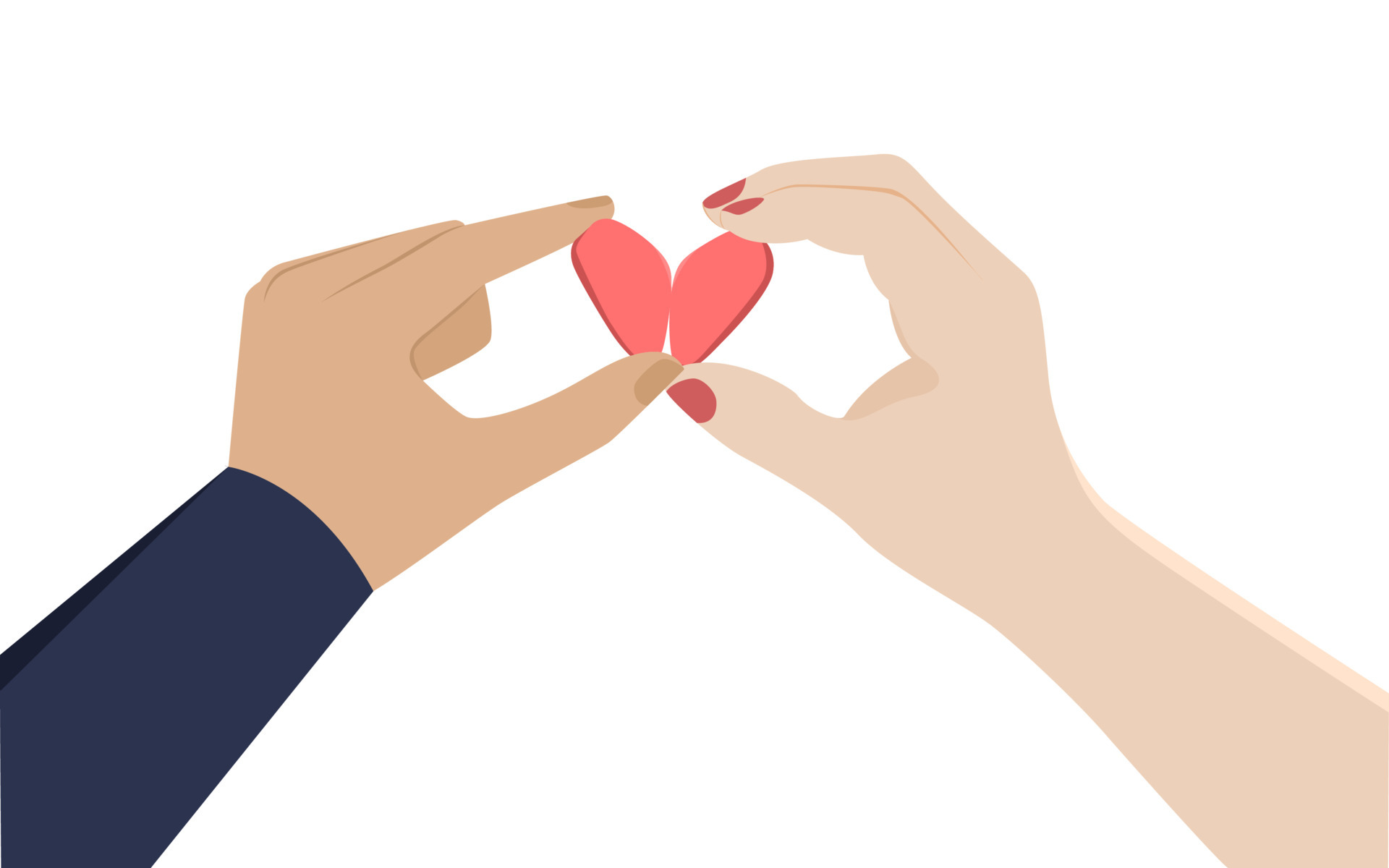 Two hands holding two half heart shape objects, happy romantic couple vector illustration