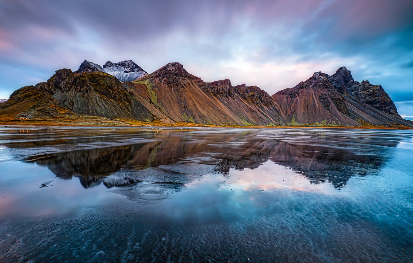 Wallpaper sea, mountains, reflection, Iceland, Iceland, Stokksnes, Have stoknes, Mountain Westerhorn, Fjord Hornafjordur, Vestrahorn Mountain, Hornafjörður image for desktop, section пейзажи