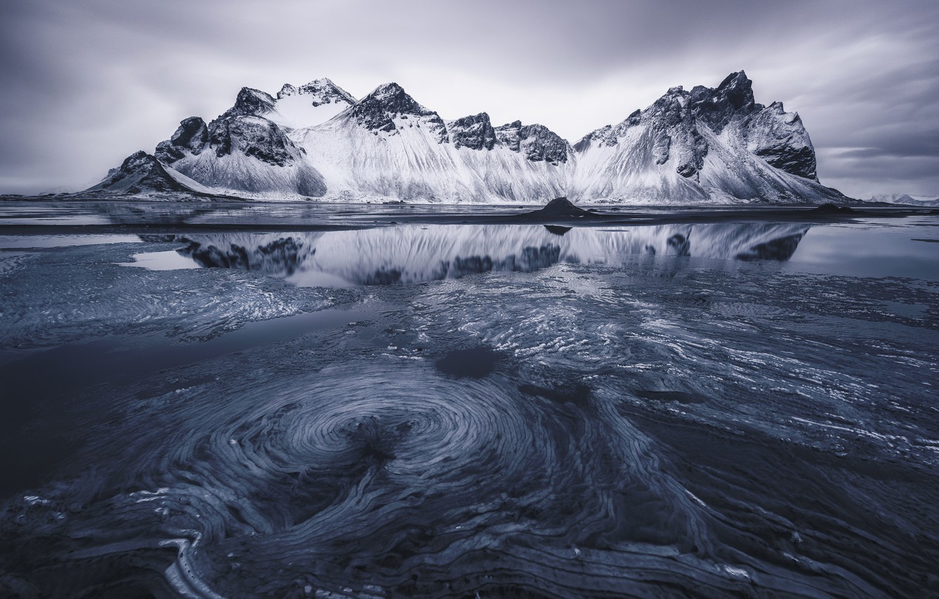 Wallpaper beach, the sky, water, mountains, dirt, Iceland, tide, the fjord, Cape, Have stoknes, Hornafjordur image for desktop, section природа
