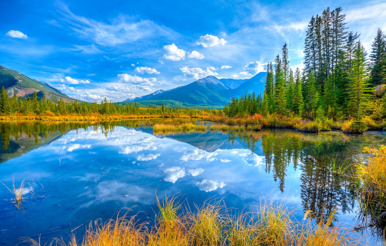 Wallpaper autumn, the sky, trees, mountains, lake, Canada, Albert, Banff National Park, minnewanka lake image for desktop, section природа