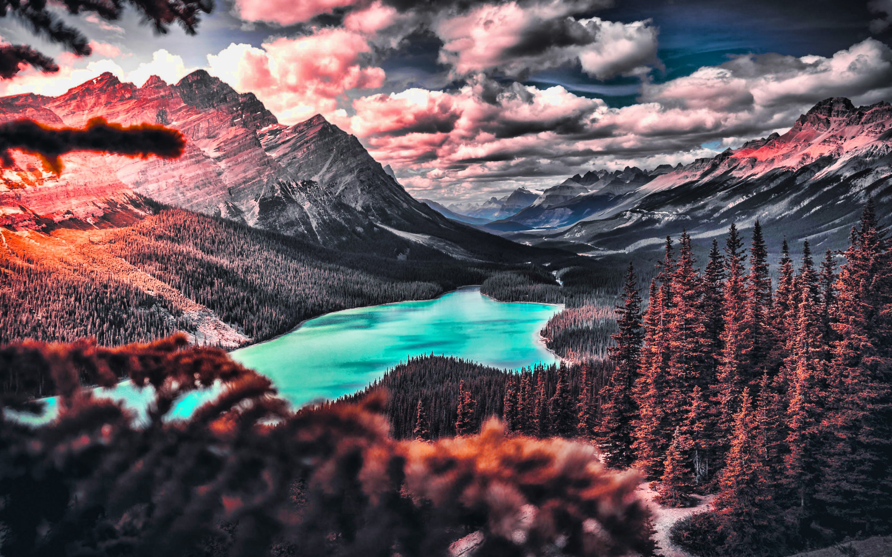 Download wallpaper Peyto Lake, HDR, autumn, Banff National Park, forest, Canadian Rockies, mountains, North America, Canada for desktop with resolution 2880x1800. High Quality HD picture wallpaper