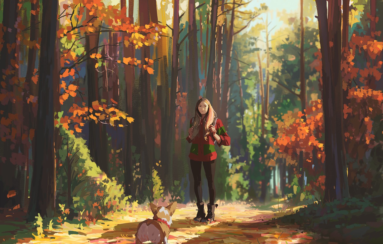 Wallpaper autumn, forest, girl, walk, Corgi image for desktop, section арт