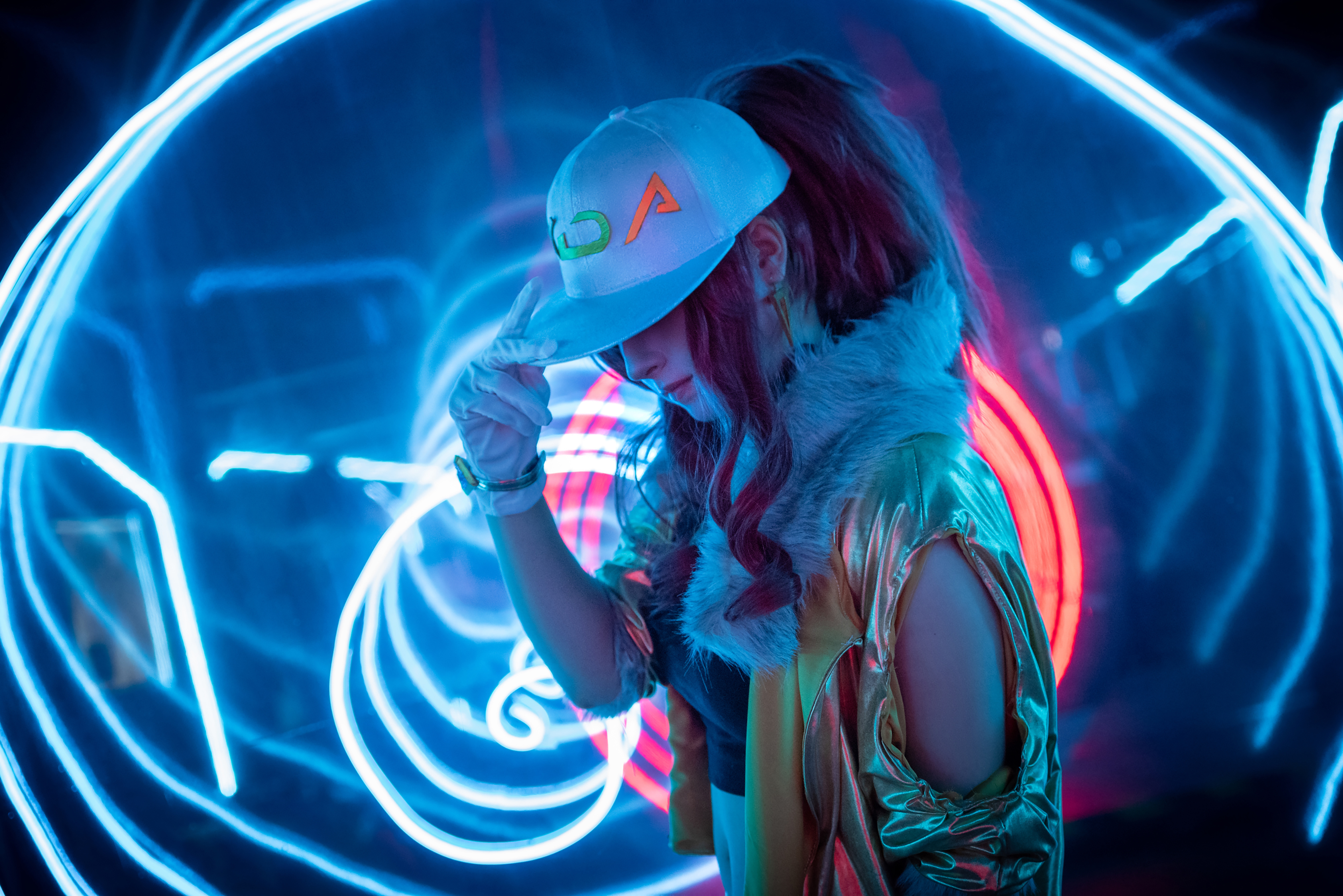 KDA Akali Wallpaper 4K, League of Legends, Cosplay, Neon, Graphics CGI