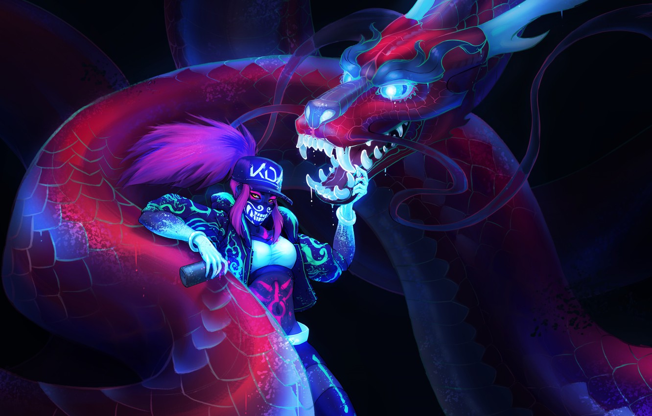 Wallpaper dragon, the game, neon, game, gesture, beautiful girl, Akali, League of Legends, LOL, League Of Legends, Fan art, LOL, Akali, KDA, КДА image for desktop, section игры