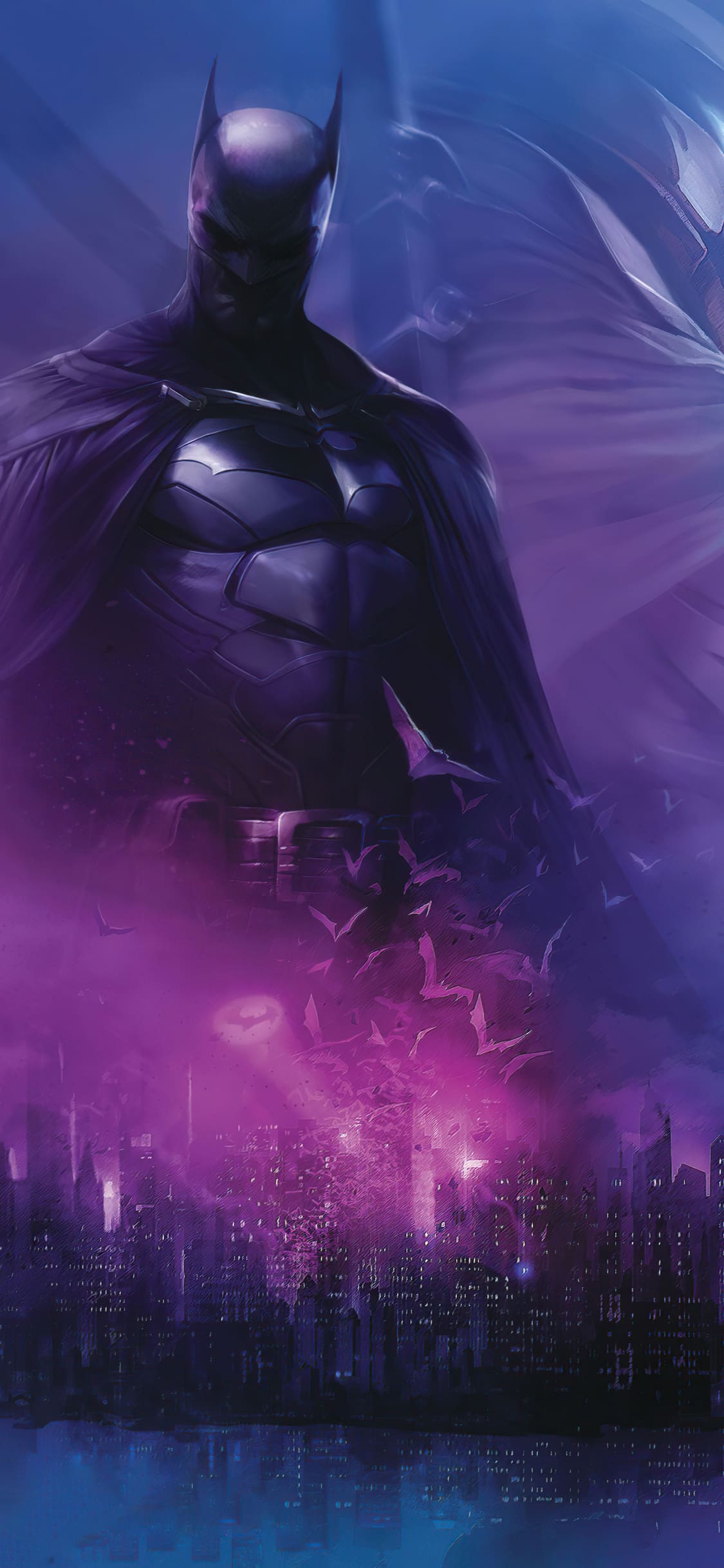 Batman in Night Purple City Desktop Wallpaper - Batman Wallpaper