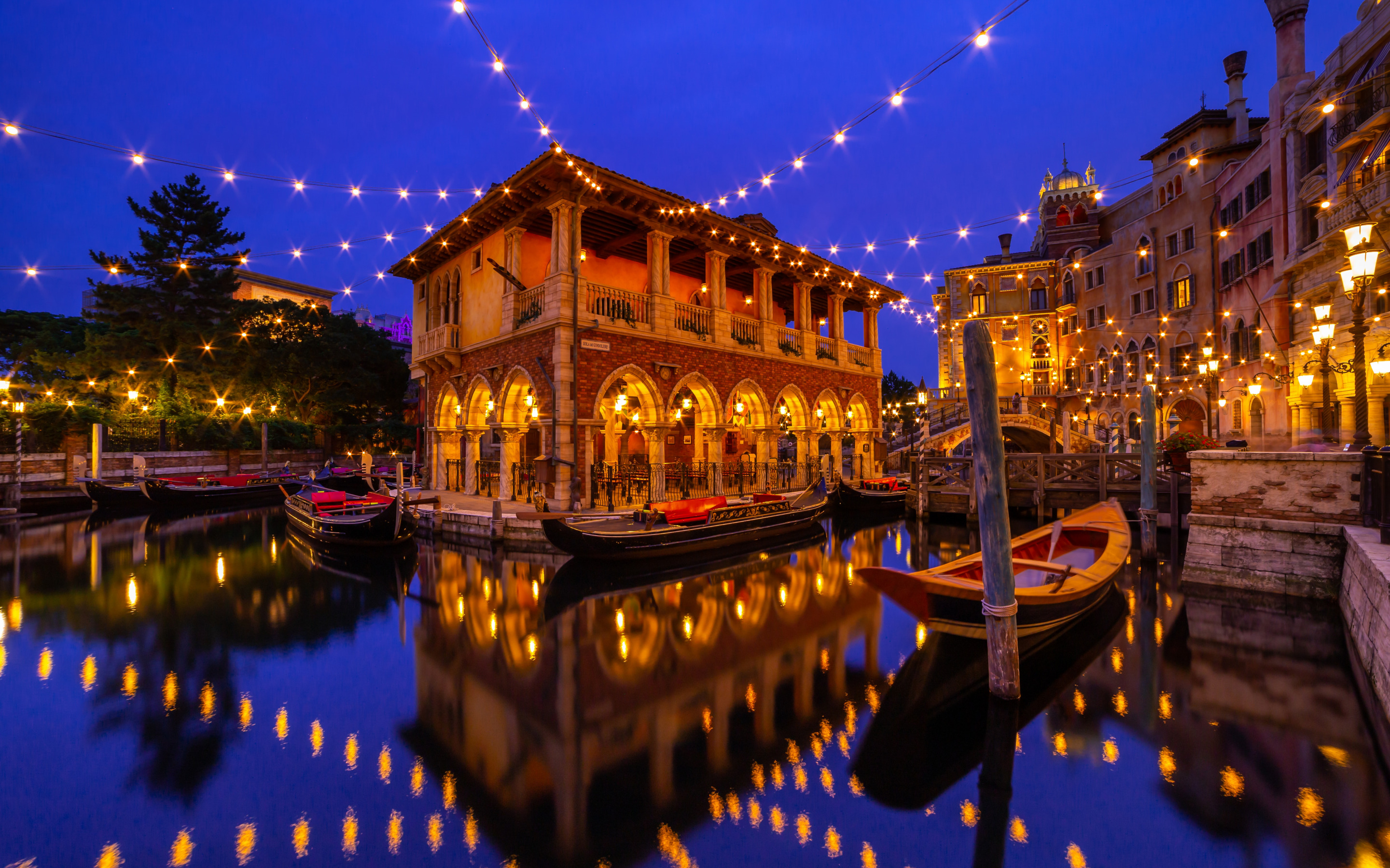 Download wallpaper Tokyo Disney Resort, Tokyo, evening, boat, Japanese Disneyland, Japan, Tokyo Disneyland for desktop with resolution 2880x1800. High Quality HD picture wallpaper