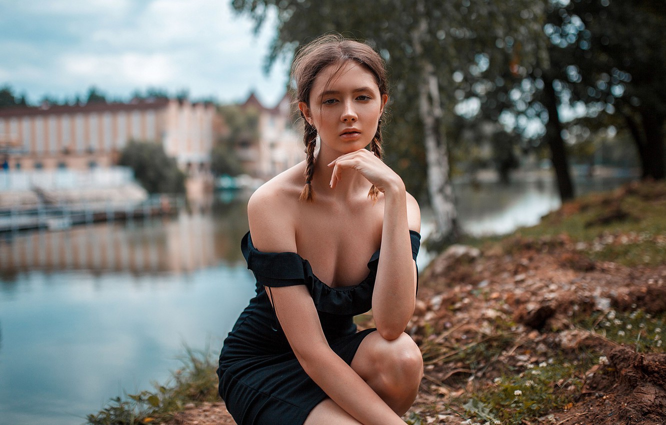 Wallpaper girl, cleavage, river, dress, legs, photo, photographer, park, model, bokeh, lips, face, brunette, portrait, mouth, pigtails image for desktop, section девушки