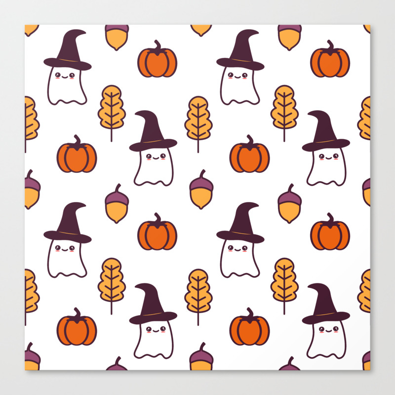 cute cartoon halloween pattern background with ghosts, pumpkins, leaves and acorns Canvas Print