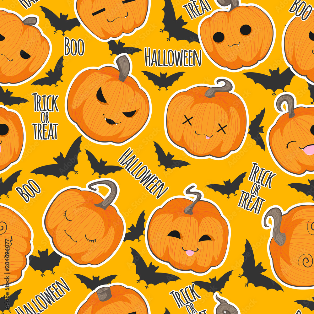 Vector seamless pattern with Halloween cute hand draw pumpkin in cartoons style on orange background with silhouette of bats and text trick or treat and boo Stock Vector