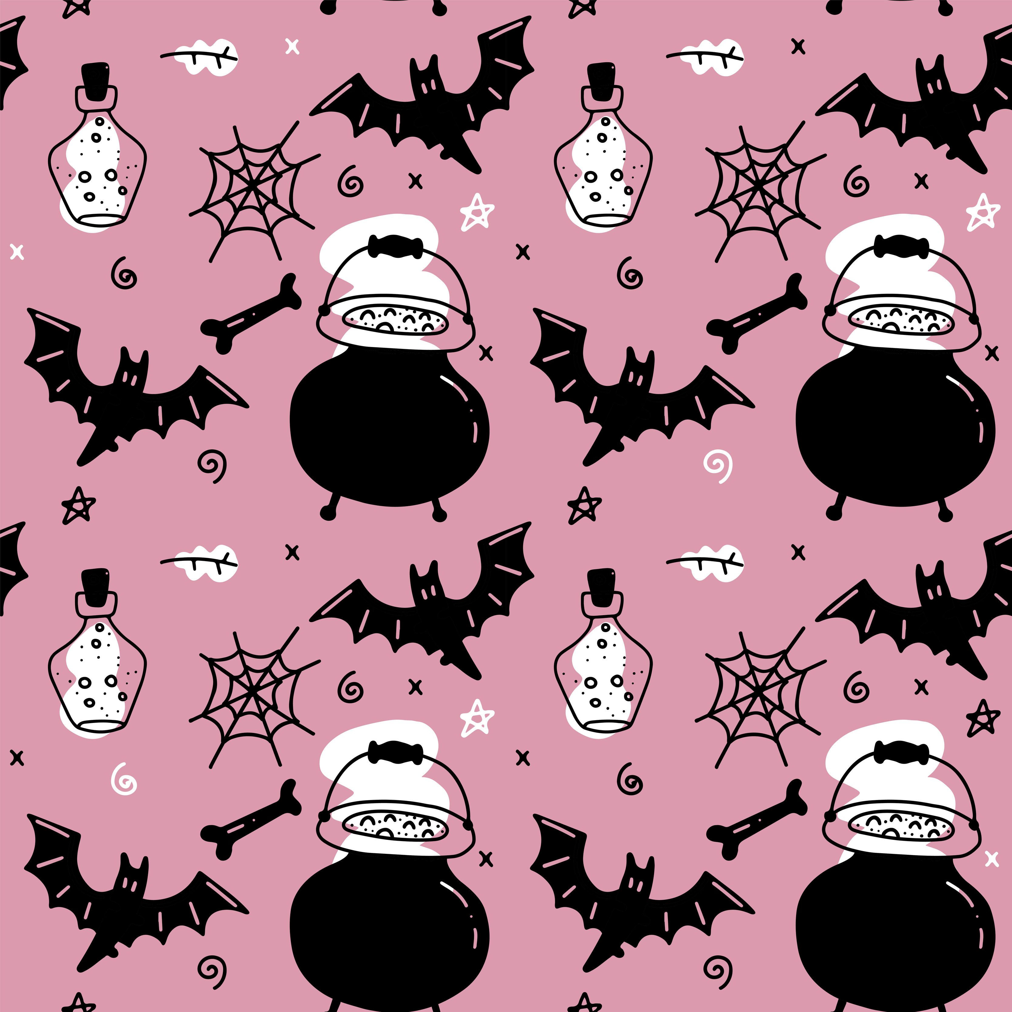 Halloween seamless pattern for girls. Endless pattern for background, scrapbook, wrapping paper, wallpaper. Black and pink- cauldron, spider web, glass flask, bat and witch attributes