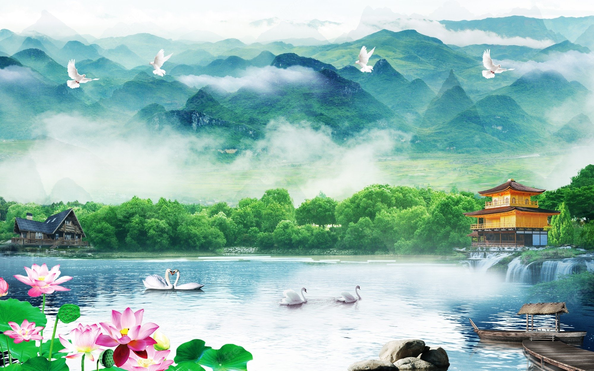 Premium Photod mural colorful wallpaper landscape flowers and trees and lake water sky and clouds with birds