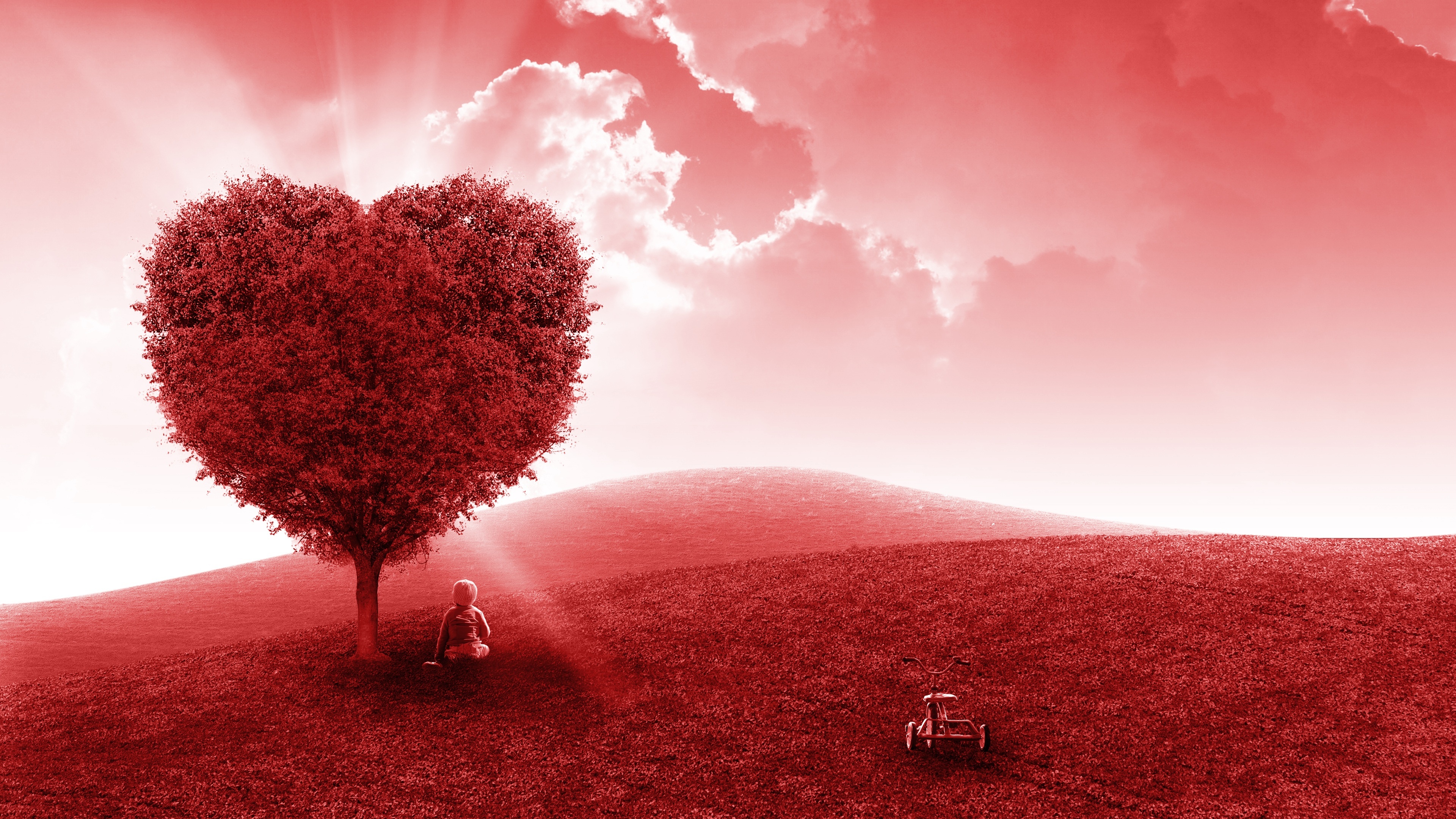 Landscape Wallpaper 4K, Heart tree, Red background, Child, Dream, Clouds, Fantasy